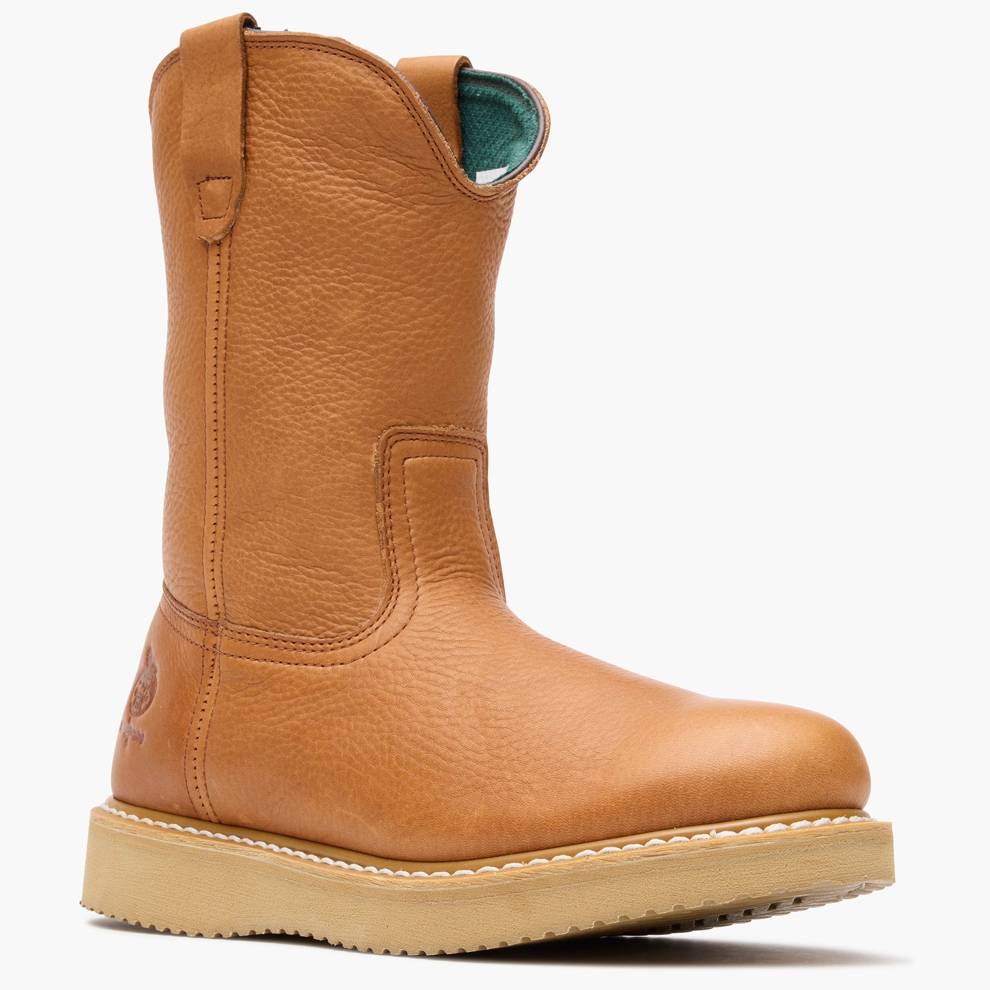 Back of G5353 10" ST Wellington Barracuda Boots Gold Boots, Tan leather back with visible center seam and teal fabric pull