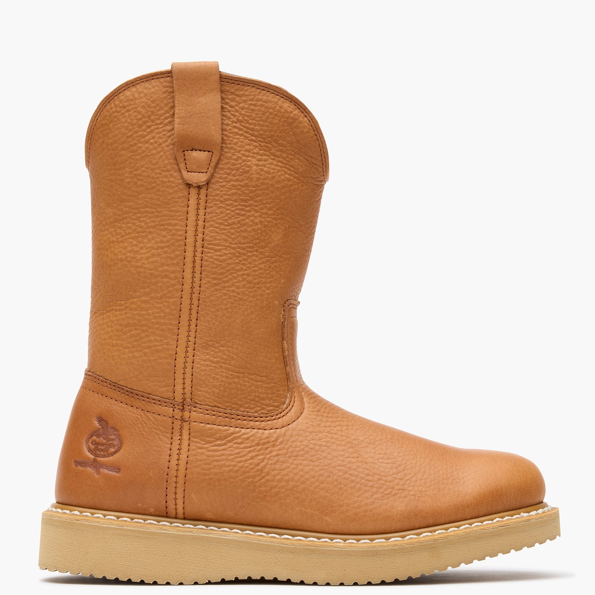 G5353 10" ST Wellington Barracuda Boots front view, Tan leather Wellington boot with cream crepe sole and embossed logo on