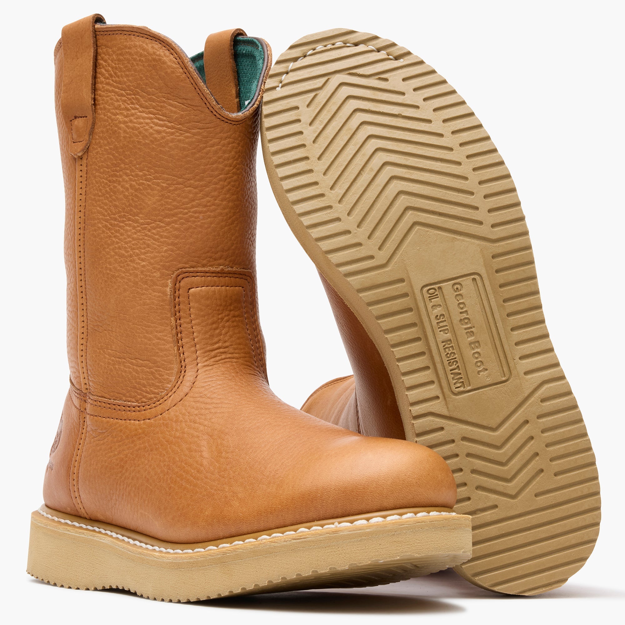 Close-up of G5353 10" ST Wellington Barracuda Boots Gold Boots showing Tan leather upper with cream stitching and geometric