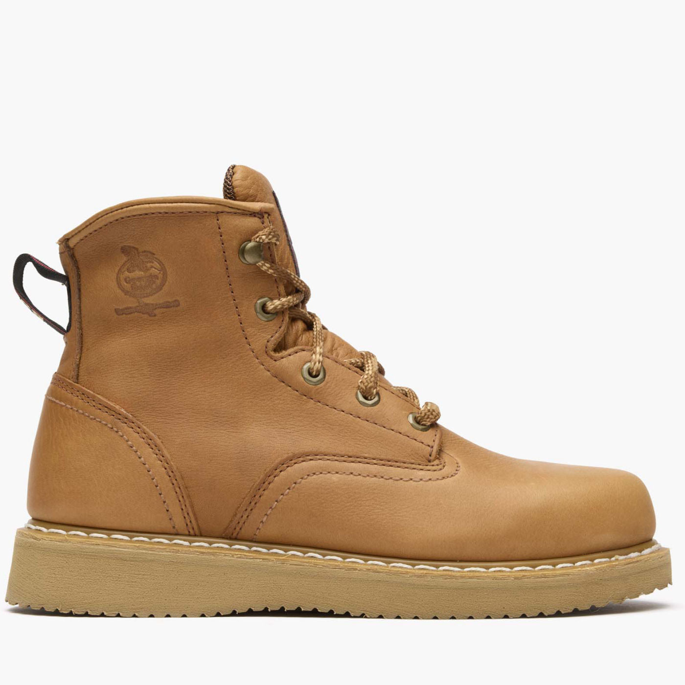G6152 6" Wedge Barracuda Boots front view, Tan leather lace-up work boot with crepe sole and embossed circular logo on