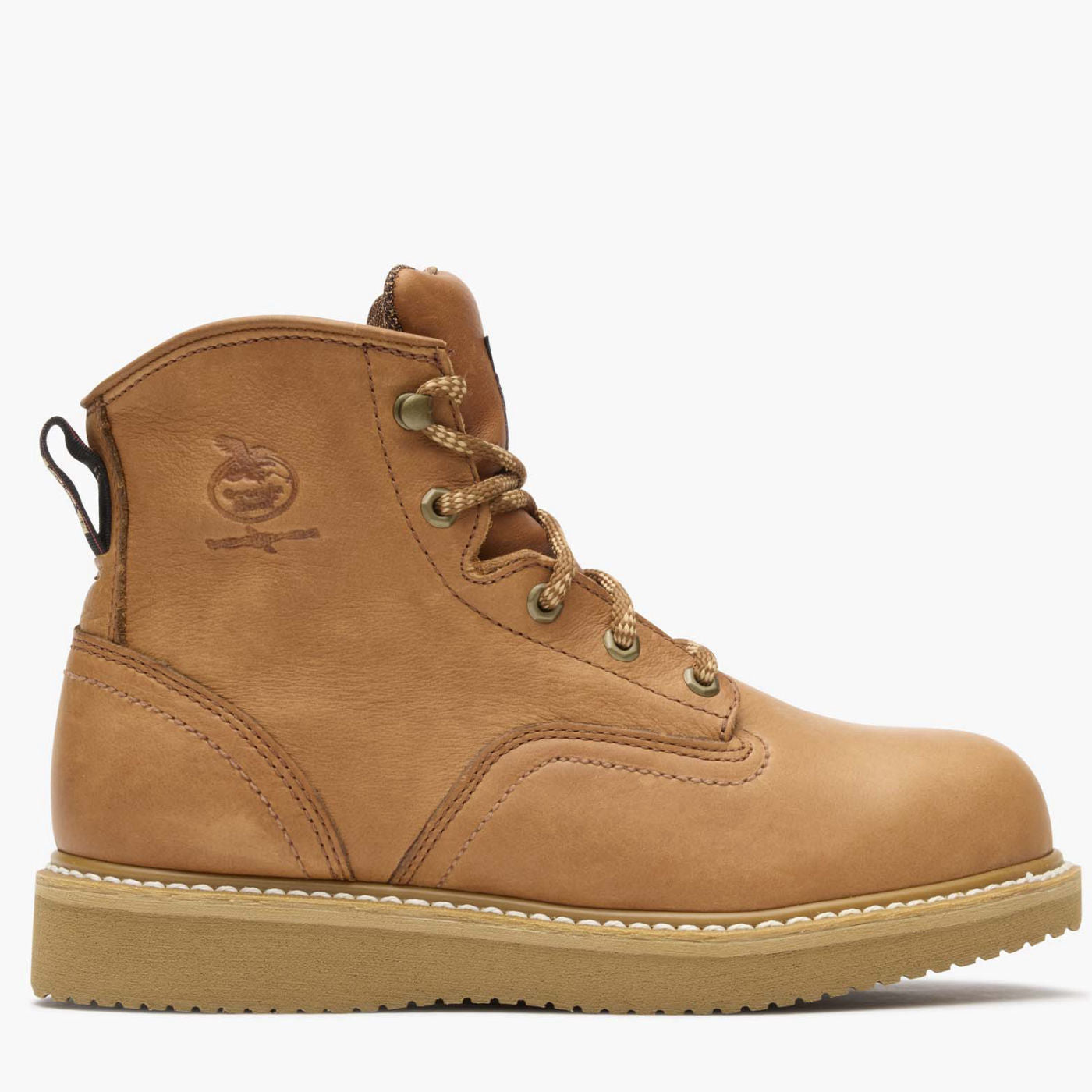 G6342 6" ST Wedge Barracuda Boots front view, Tan leather lace-up boot with embossed logo, tan rope laces, and cream rubber