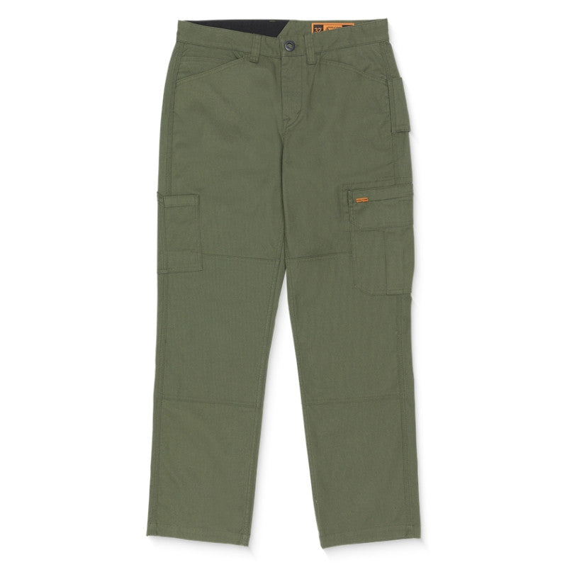 Gage Work Pant Squadron Pants front view, Sage green cotton cargo pants with multiple patch pockets and orange accent