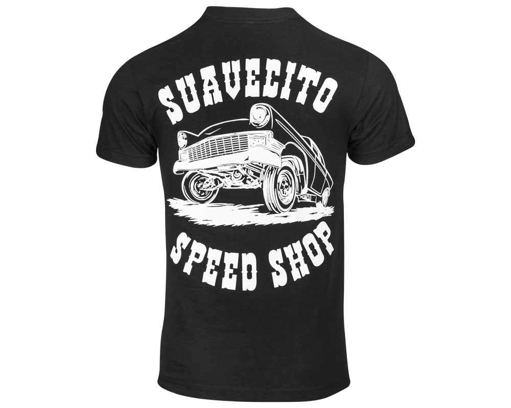 Gasser front view, Black with white wheelie gasser graphic and curved text above and below, Black Tee - Slowride Supply