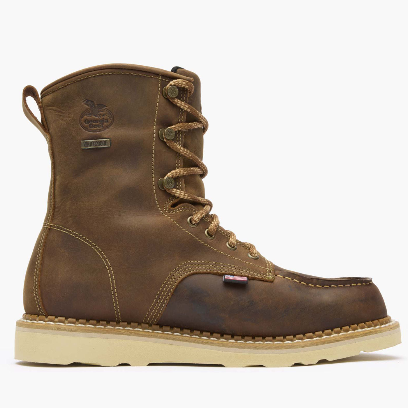 Gb00532 8" USA Wedge Waterproof Work Boot Boots front view, Brown nubuck leather with cream wedge sole and tan laces,