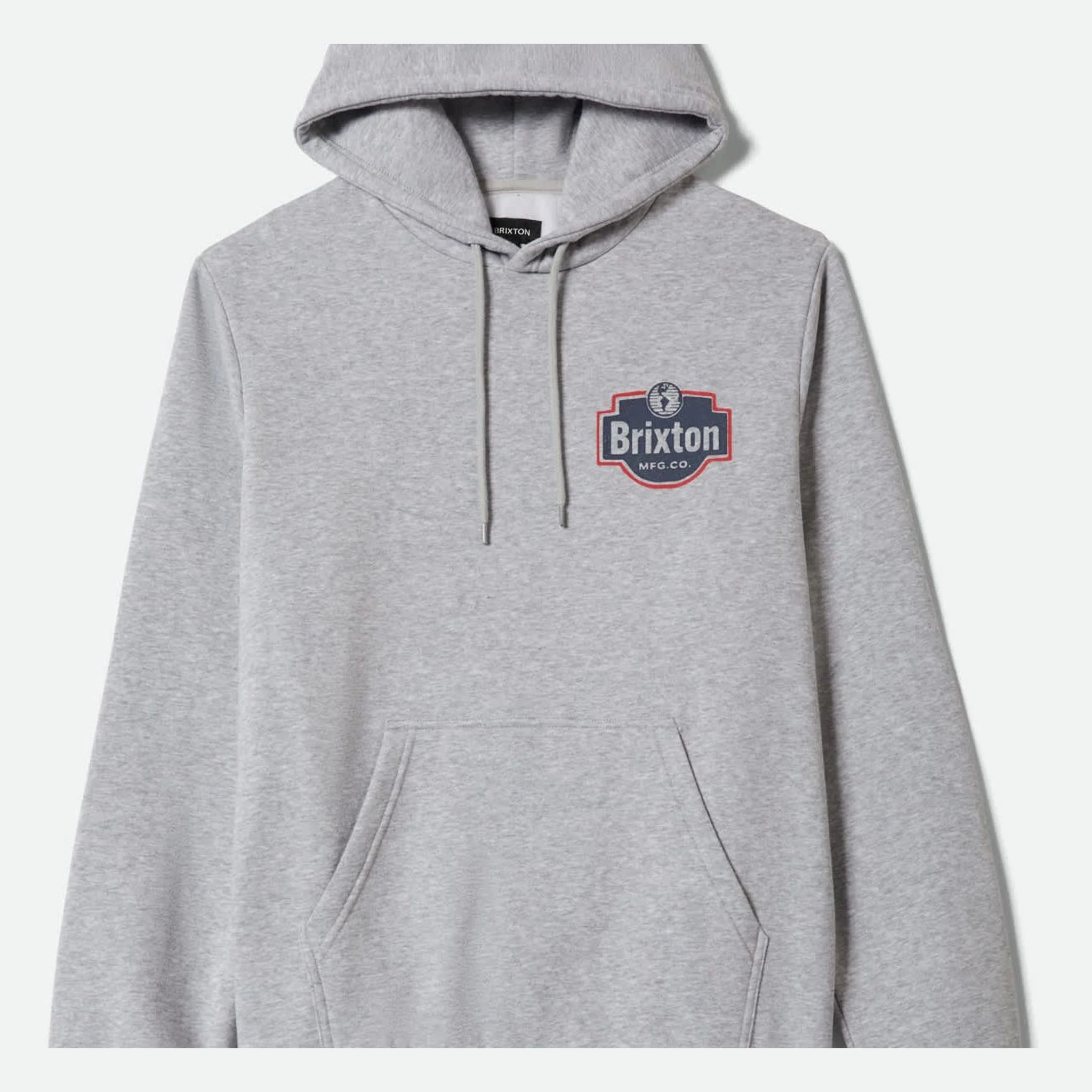 Genuine Quality front view, Gunmetal gray with red and charcoal badge-style logo graphic centered on chest, Gunmetal Hoodie