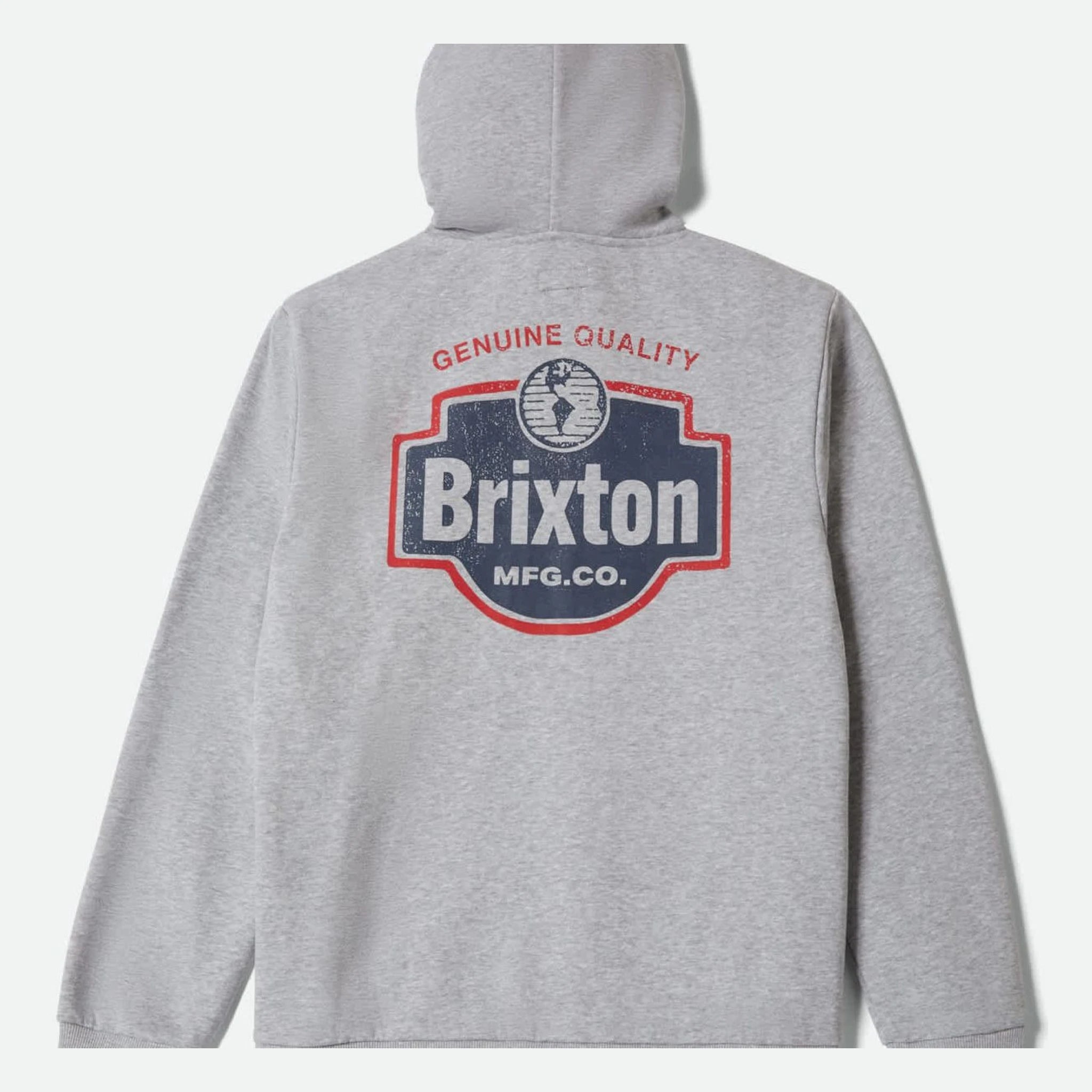 Close-up of Genuine Quality Gunmetal Hoodie showing Back shows distressed navy and red badge with "Genuine Quality" text