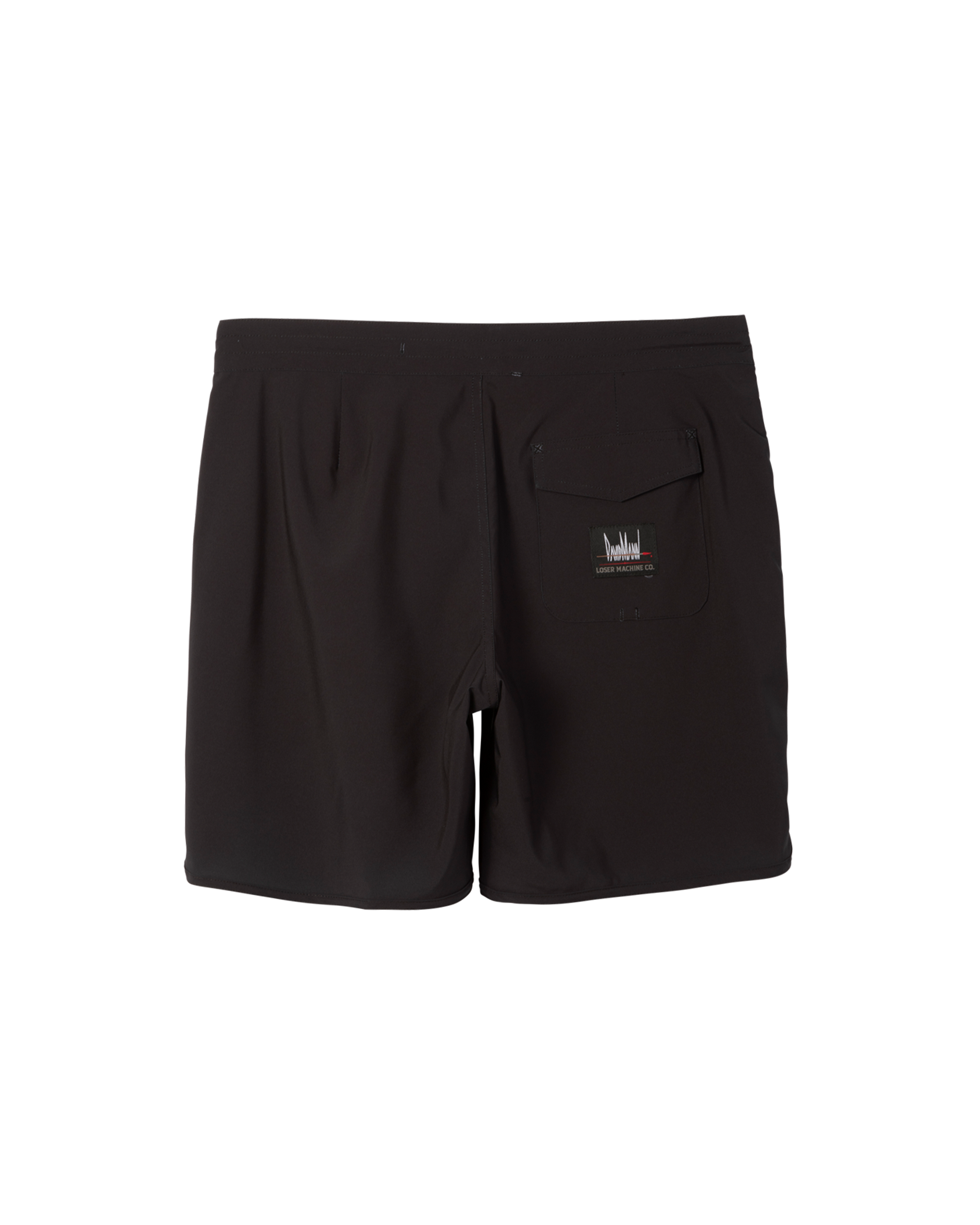 Back of Ghost Rider Boardshort Boardshorts Black Boardshorts, Black with small embroidered logo and text on right rear