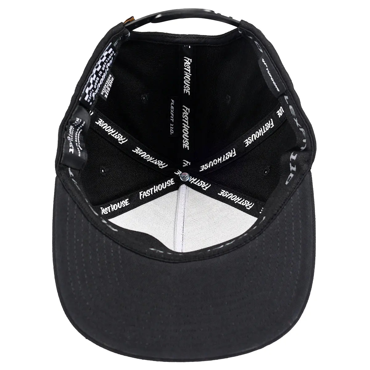 Close-up of Gilmore Black Hat showing White interior sweatband with repeated white text branding on black fabric band,