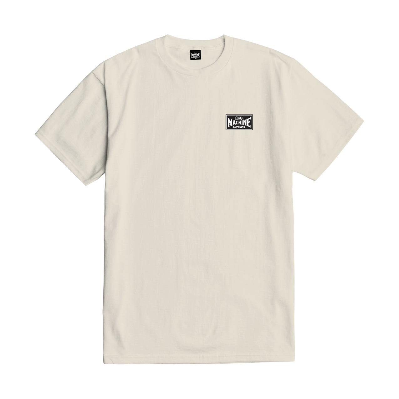 Close-up of Good Luck Fingers Black Tee showing Cream colored tee with small black and white rectangular chest logo patch -