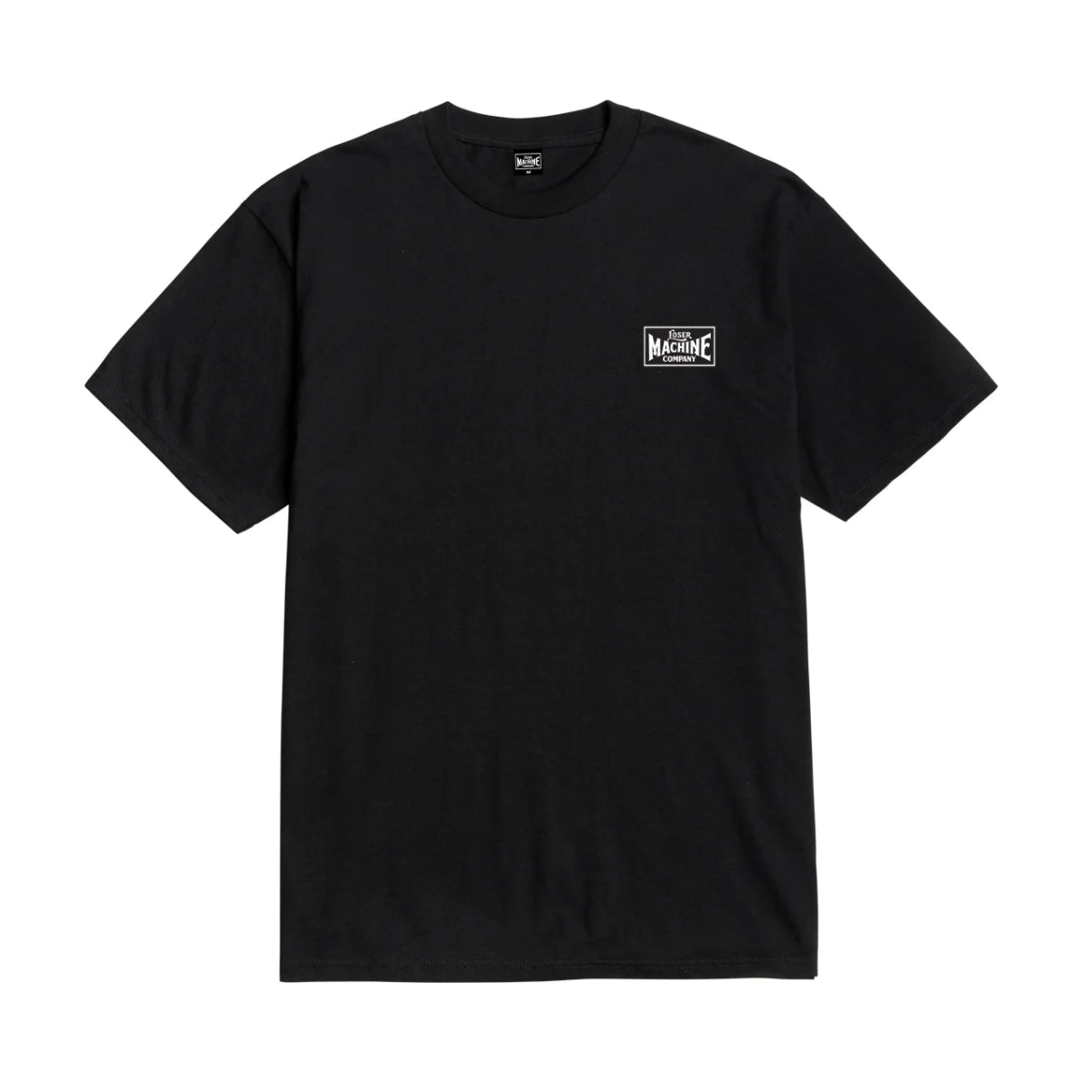 Close-up of Good Luck Fingers Black Tee showing Black tee with small white rectangular chest logo featuring machine shop