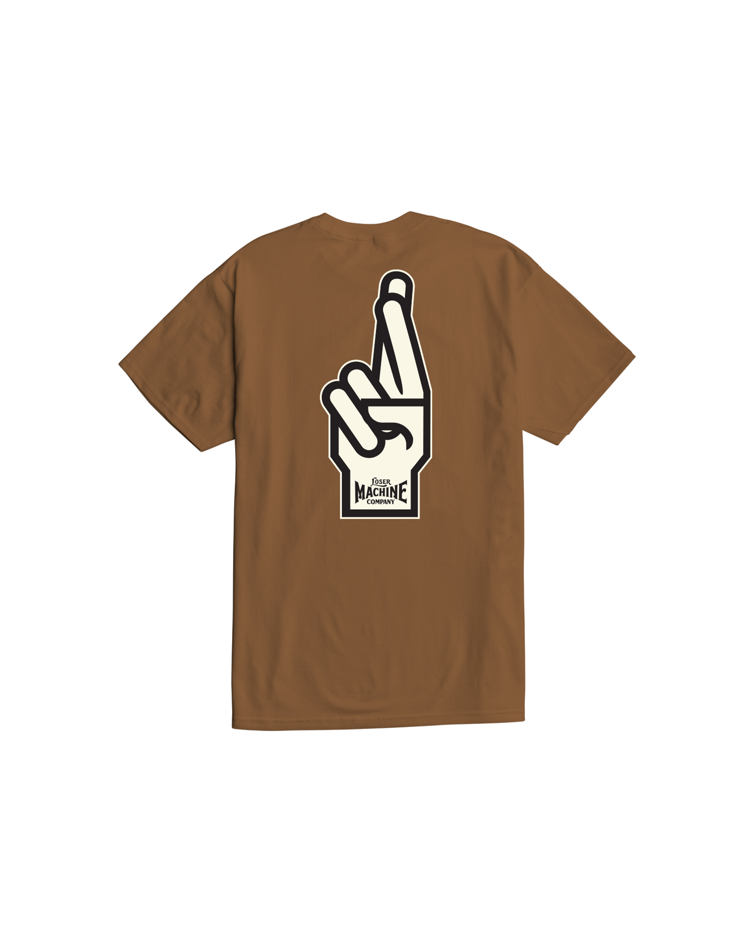 Close-up of Good Luck Fingers Black Tee showing Brown with cream and black peace-sign hand graphic, outlined border and text