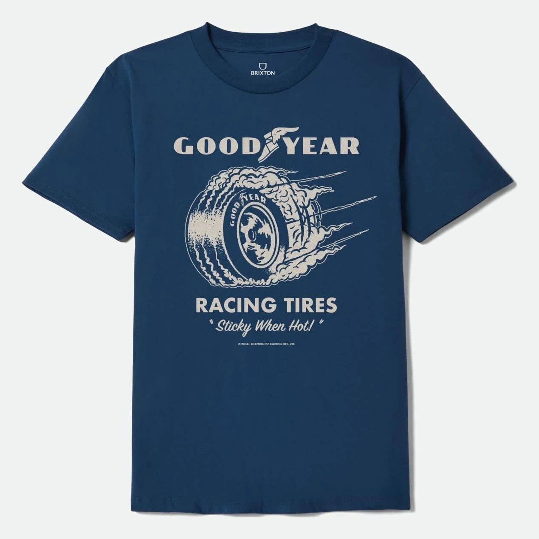 Goodyear Cheater Slick front view, Navy with cream Goodyear Racing Tires graphic and flaming tire illustration with tagline