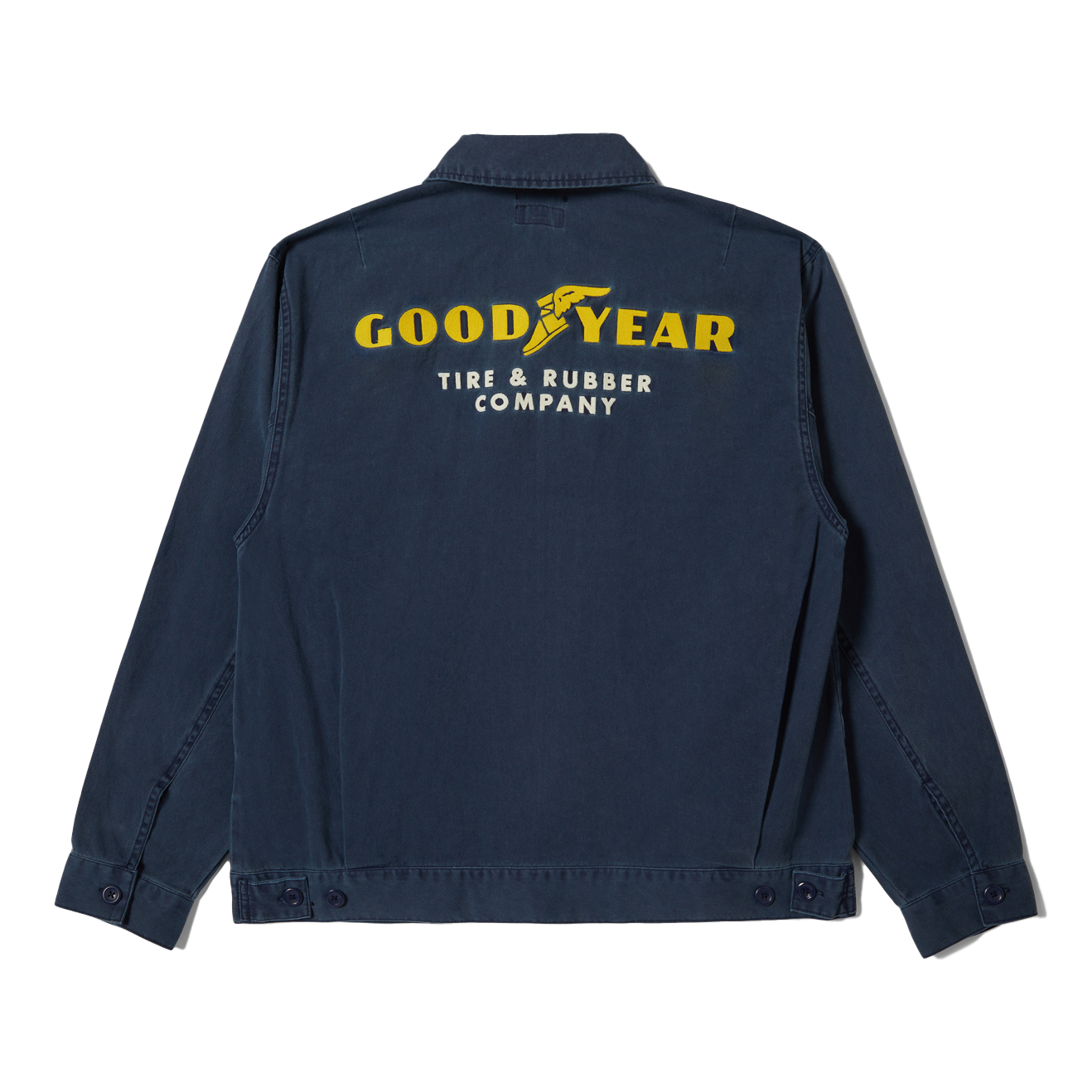 Goodyear Trademark LW front view, Washed navy with yellow winged logo and white text reading "Tire & Rubber Company, Washed