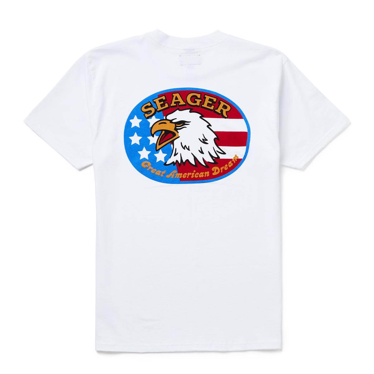 Great American Dream front view, White with eagle and flag oval graphic, gold and red text reading "Seager" and "Great