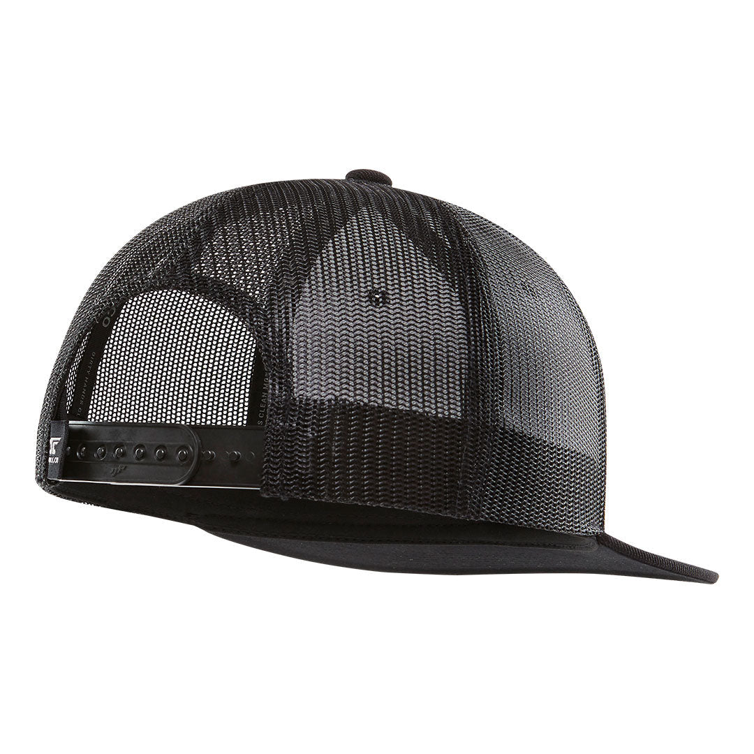 Back of Haggler Black Hat, Black mesh back panel with ventilation holes and snap closure strap - Slowride Supply