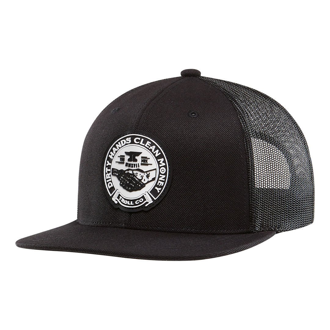 Haggler front view, Black trucker cap with white circular patch featuring engine graphic and "Dirty Hands Clean Money" text,