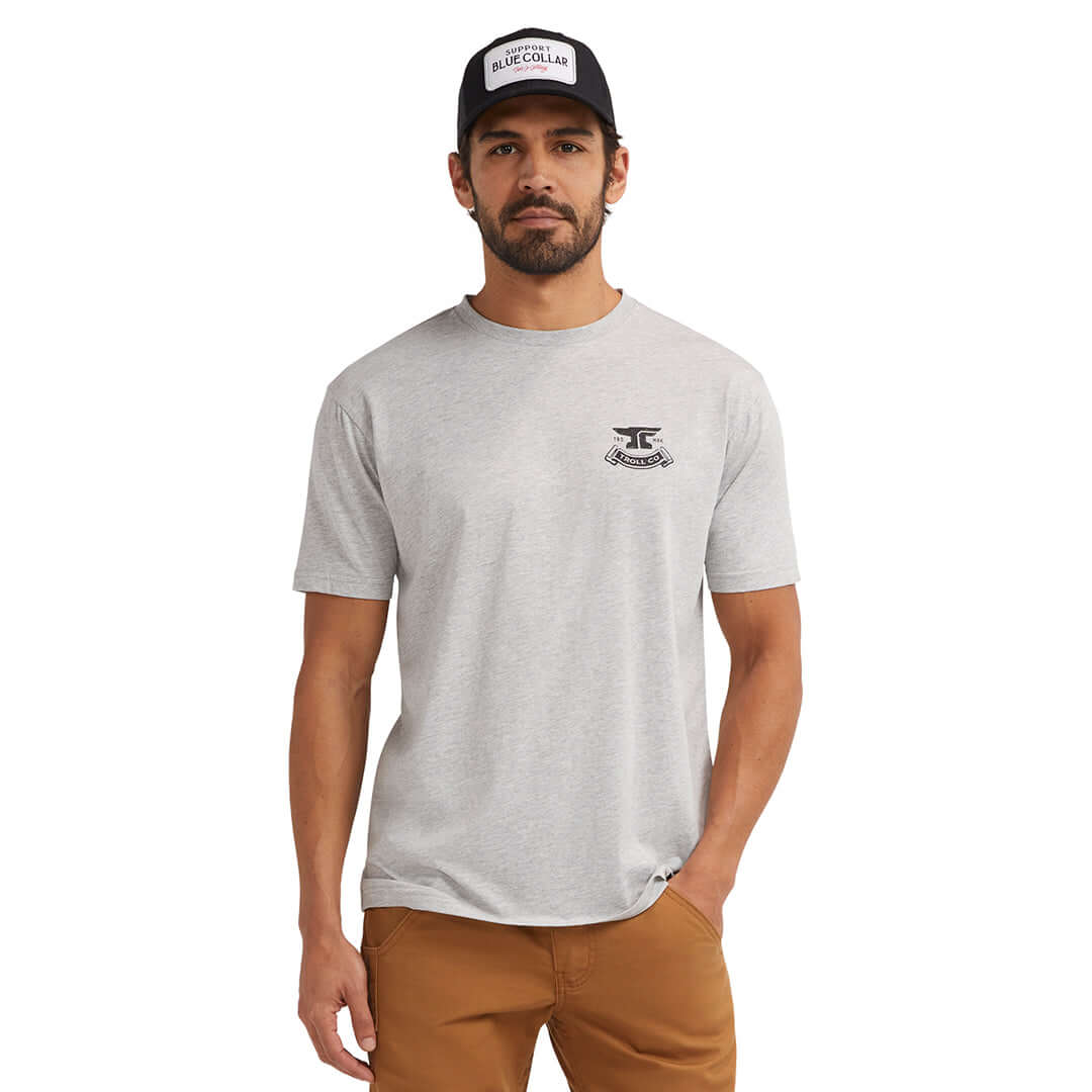 Person wearing Haggler Black Tee, Man wearing heather gray tee with small chest graphic, posed against plain white