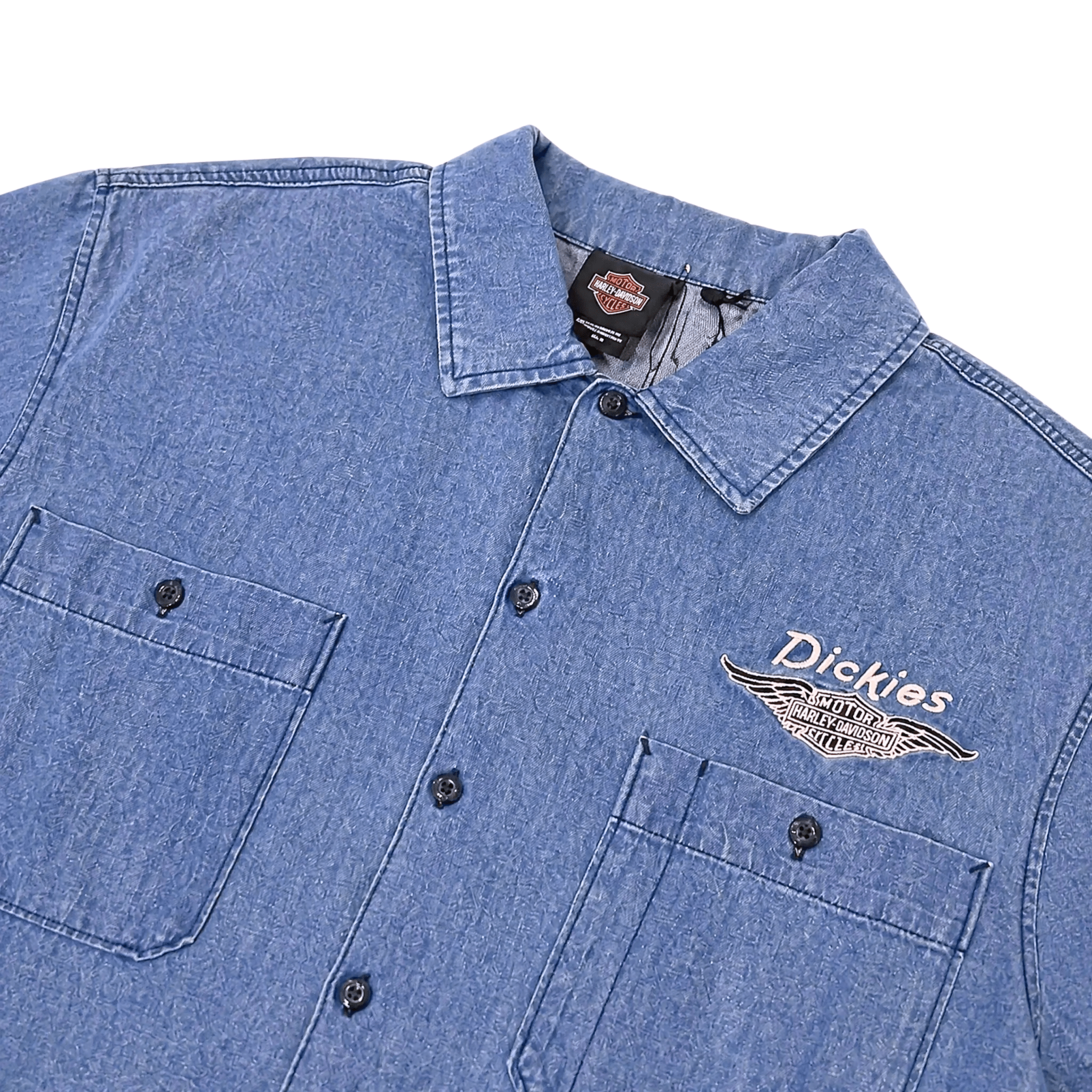 Back of Hdxdickies Chambray Work Shirt Light Wash Denim S/S Woven S/S Woven, Light blue chambray with embroidered winged