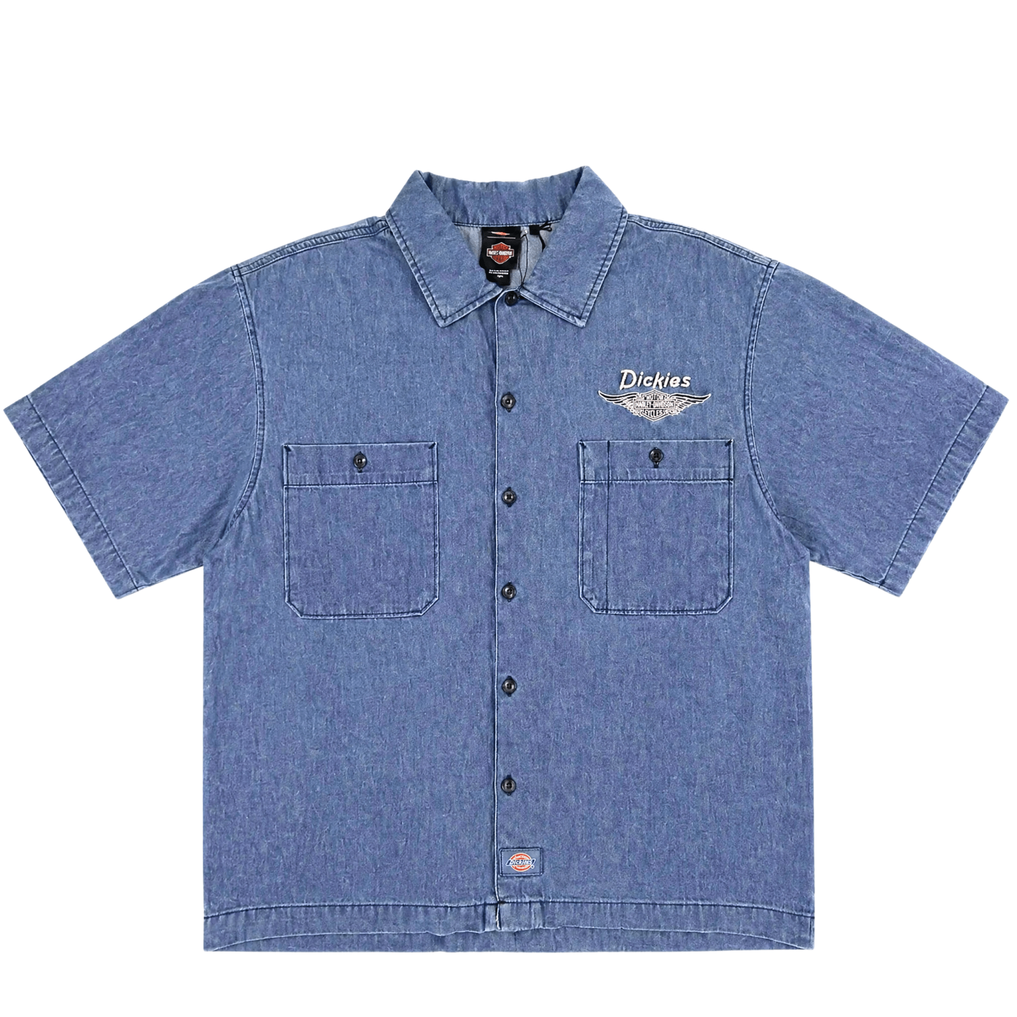 Hdxdickies Chambray Work Shirt Light Wash Denim S/S Woven front view, Light wash denim with white script text and winged
