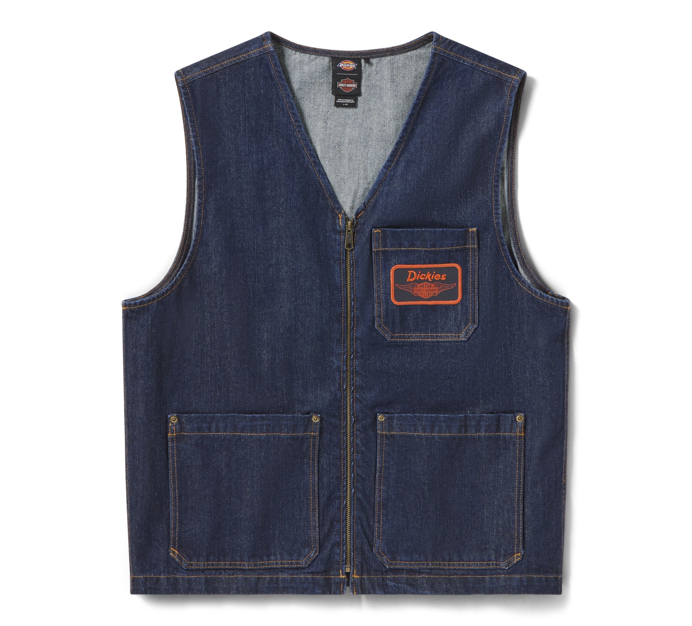 Hdxdickies Denim Lined Vest RNB Vest front view, Dark indigo denim with orange and red chest patch logo and brass zipper,