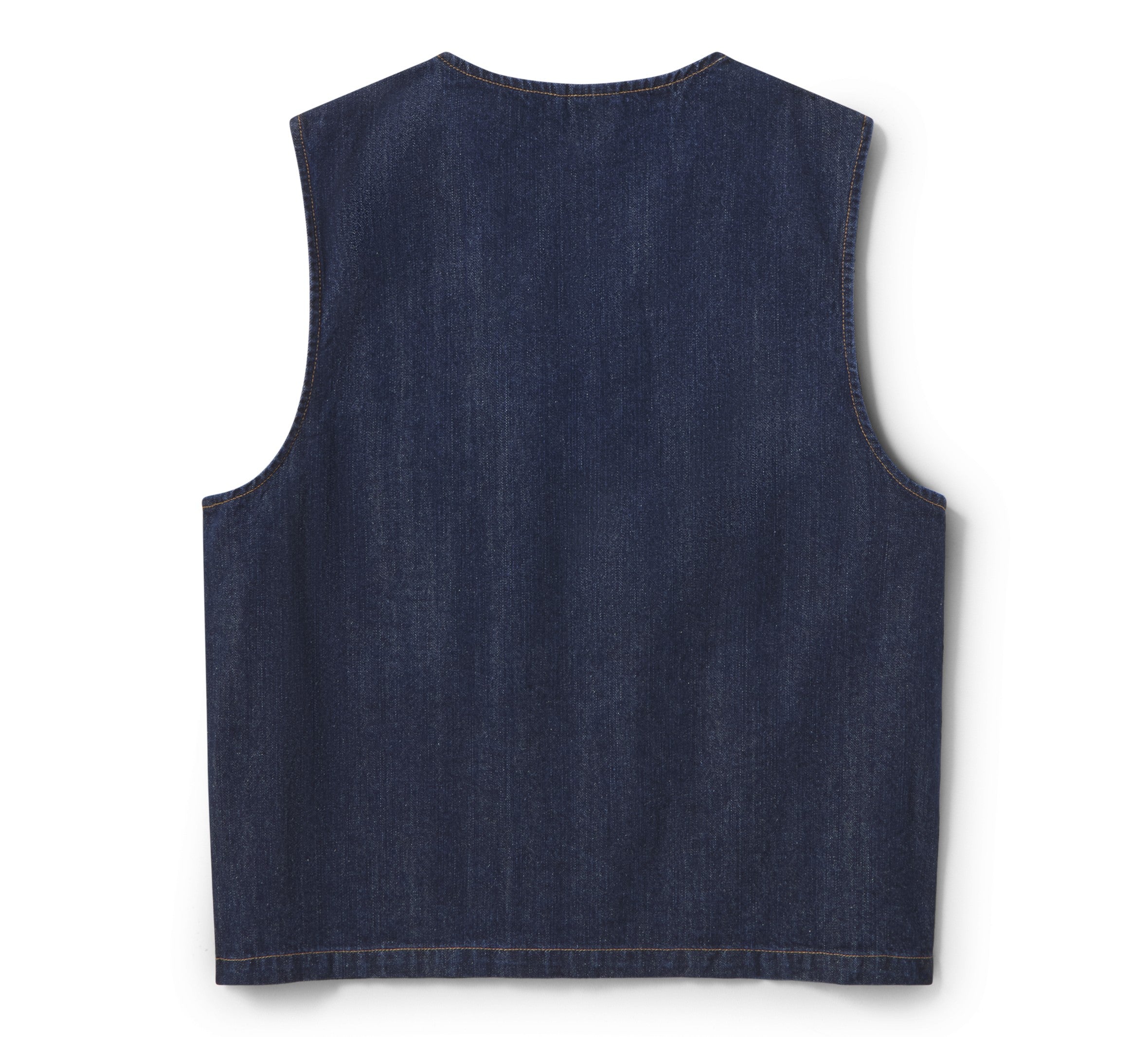 Close-up of Hdxdickies Denim Lined Vest RNB Vest Vest showing Dark indigo denim with contrast topstitching along neckline