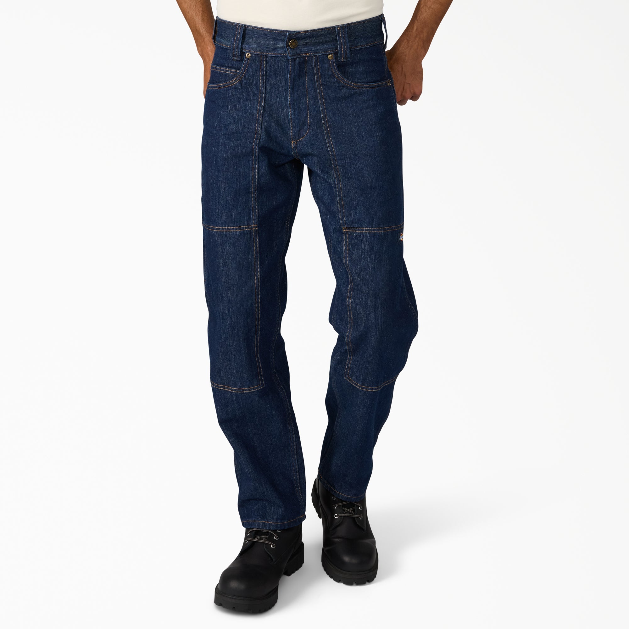Hdxdickies Denim Pant RNB Pants front view, Dark indigo denim with tan topstitching and reinforced knee patches, Pants -