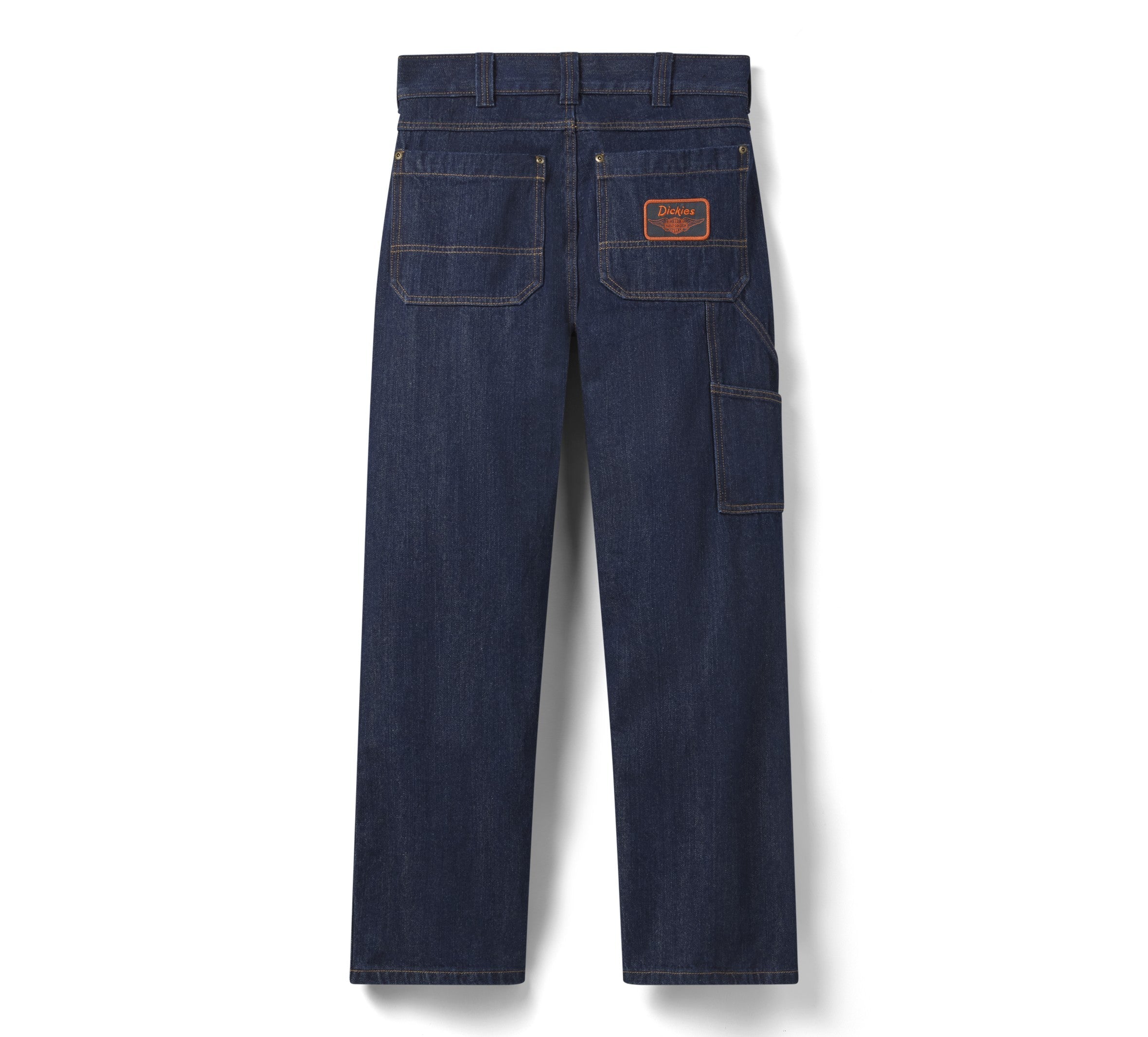 Close-up of Hdxdickies Denim Pant RNB Pants Pants showing Dark indigo denim with tan topstitching, cargo pockets, and orange