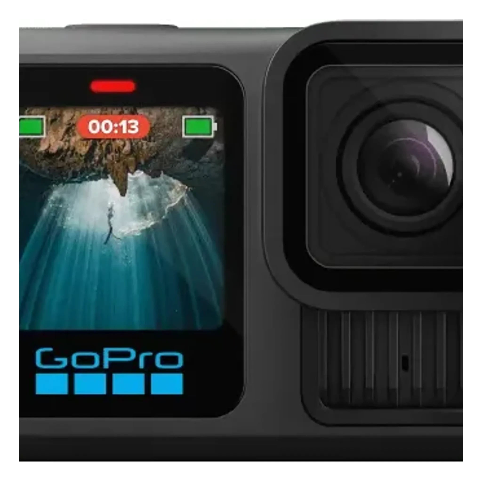 Hero 13 Camera front view, Black compact camera with dual lens setup, front display screen showing underwater cavern footage
