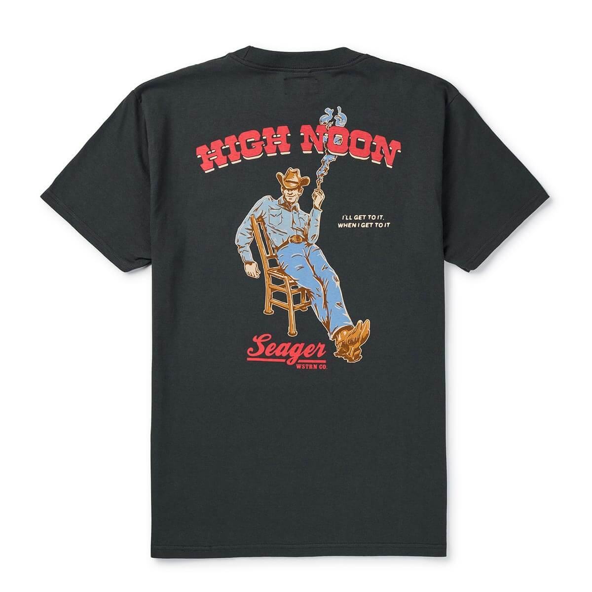 High Noon front view, Black with red "High Noon" text, cowboy figure on chair holding rope, blue shirt and tan boots,