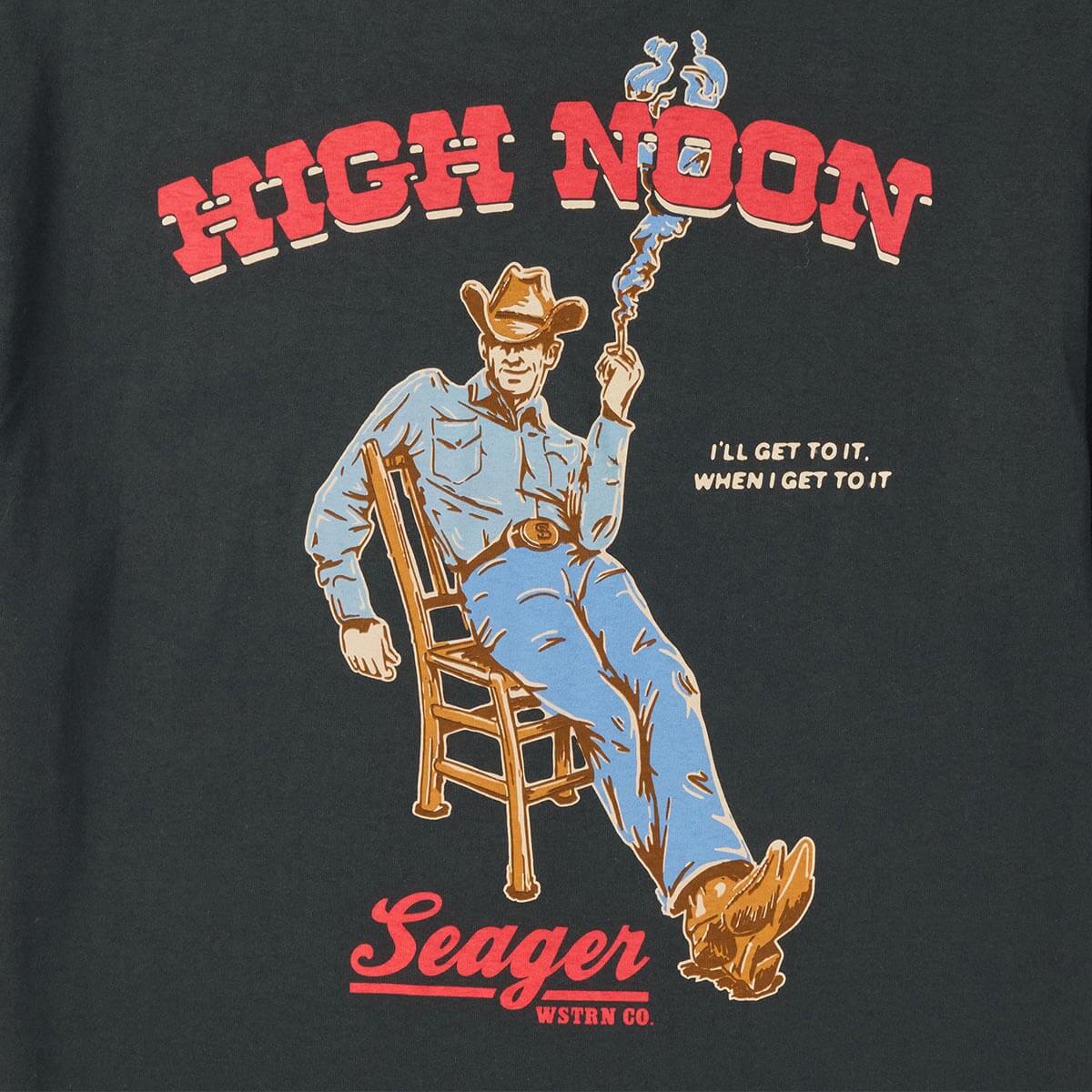 Close-up of High Noon Vintage Black Tee showing Print texture and layered color separation showing red, blue, tan, and gold