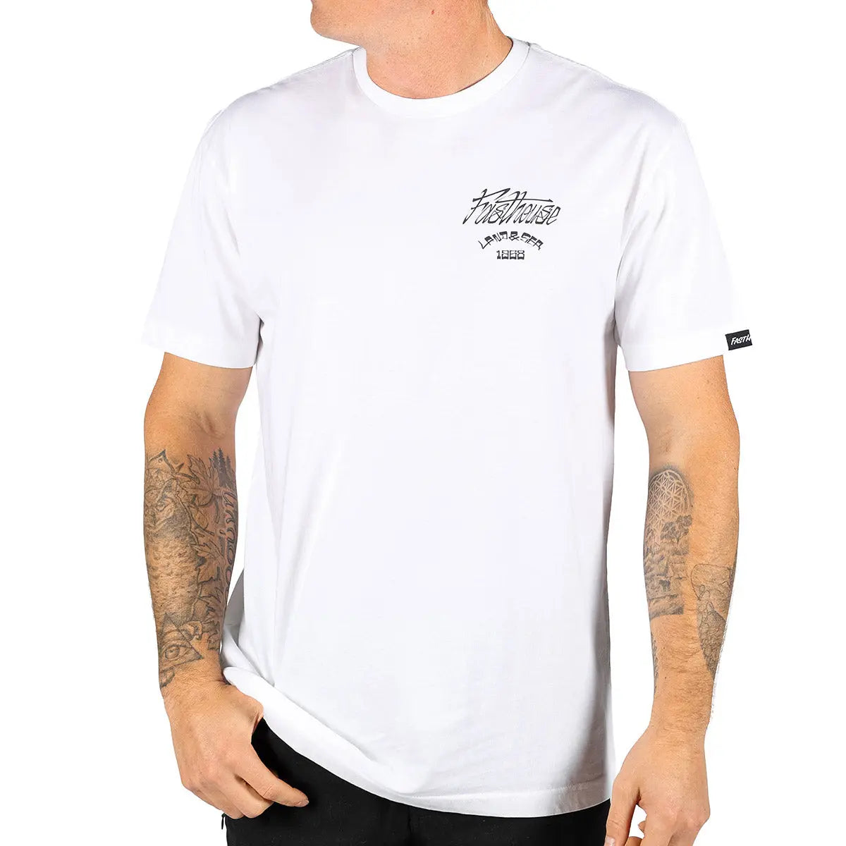 Person wearing Horizon Black Tee, White tee worn against plain white background, sleeves and torso visible on model with