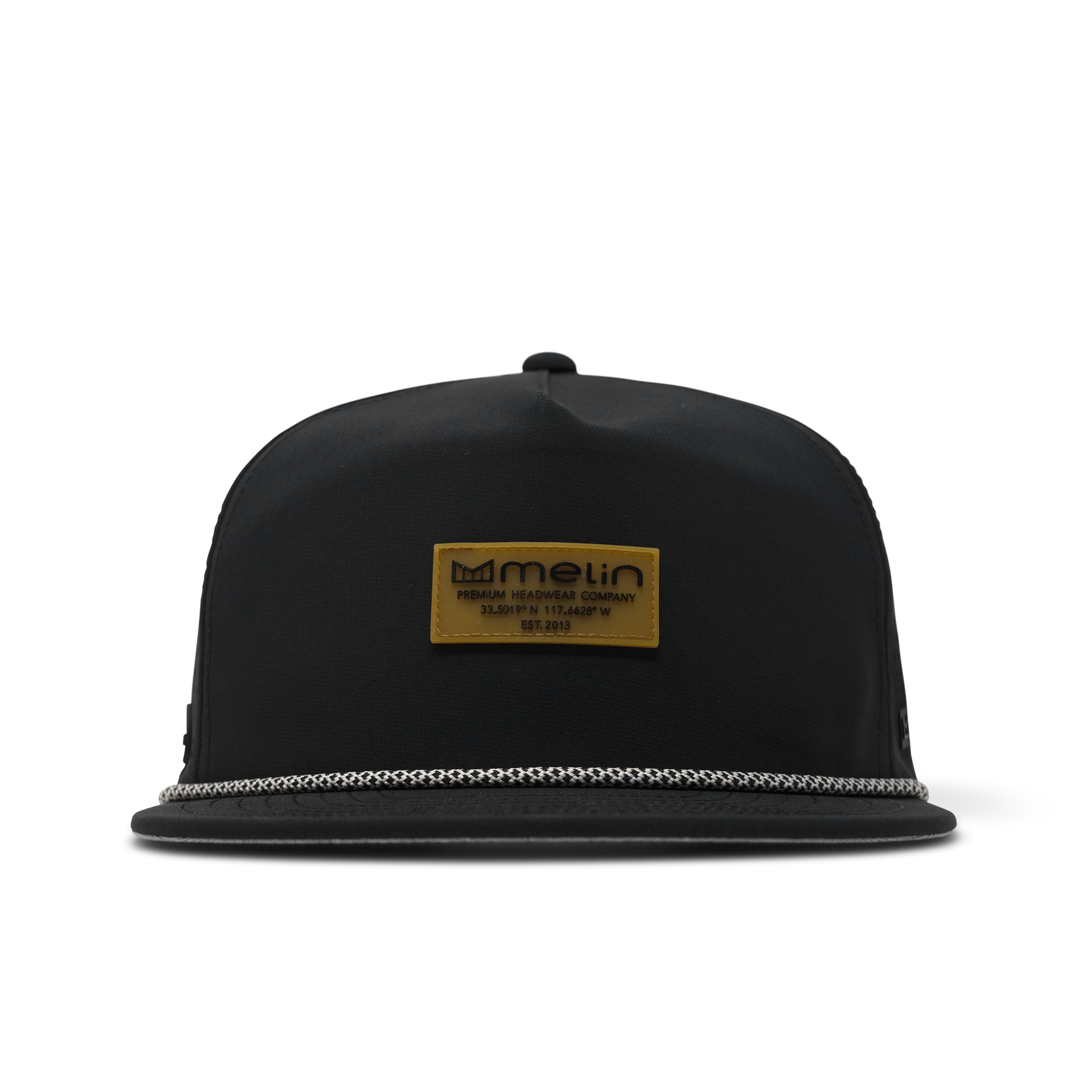 Hydro Coronado Brick front view, Black snapback with gold rectangular label patch, white rope trim on bill, Black Hat -
