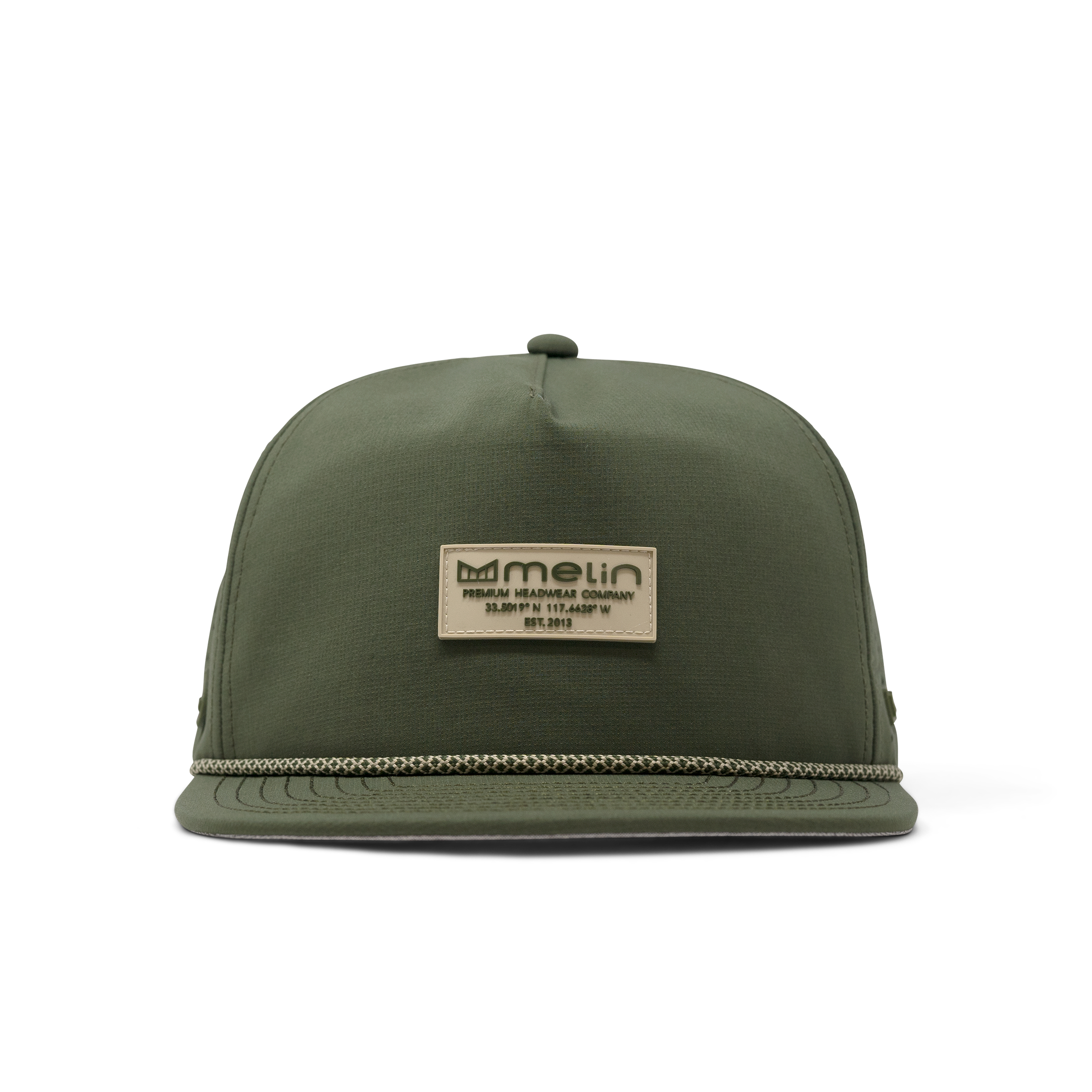 Close-up of Hydro Coronado Brick Black Hat showing Cream rectangular label with embossed logo and coordinates centered on
