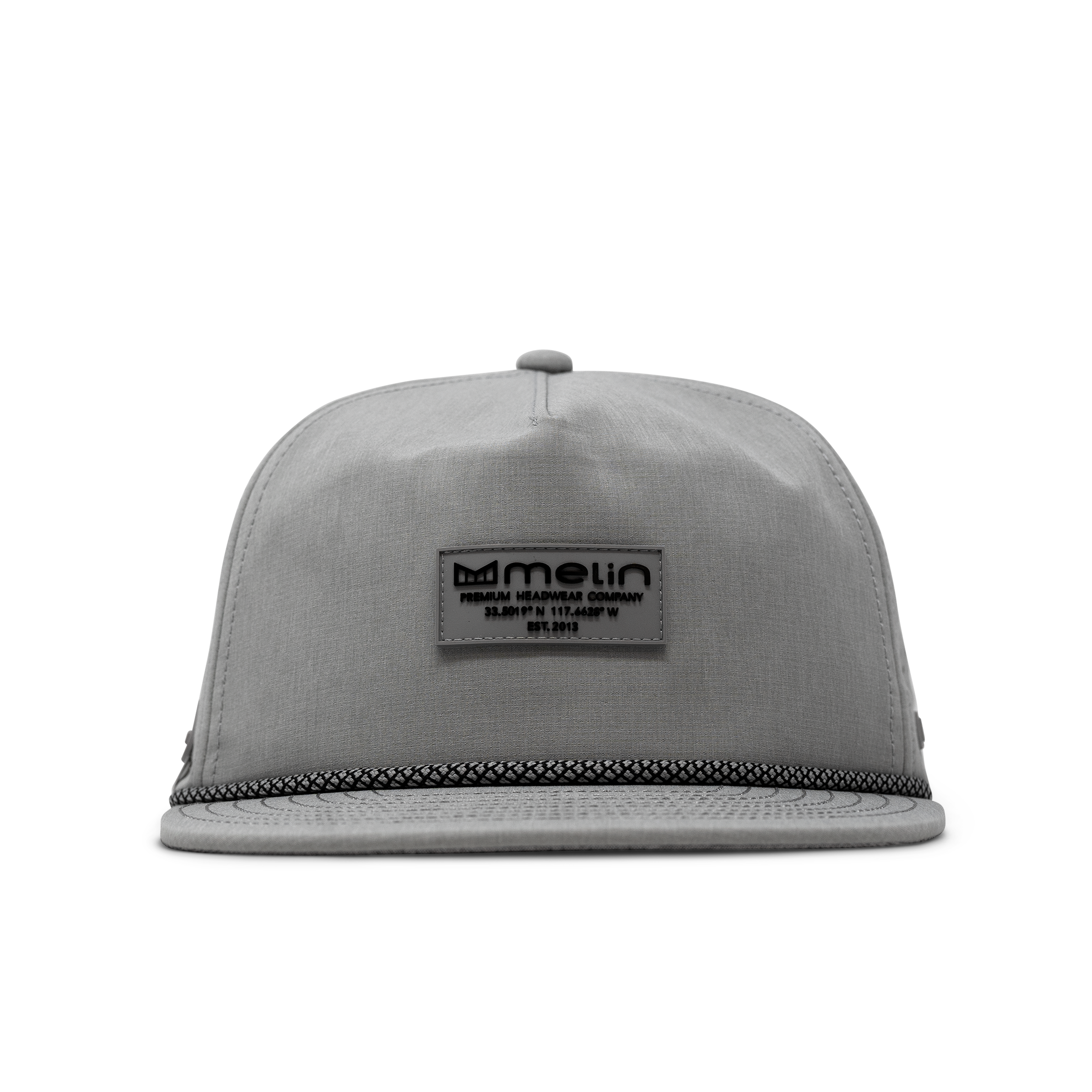 Close-up of Hydro Coronado Brick Black Hat showing Gray cap with woven rope trim along bill, front label patch with text and
