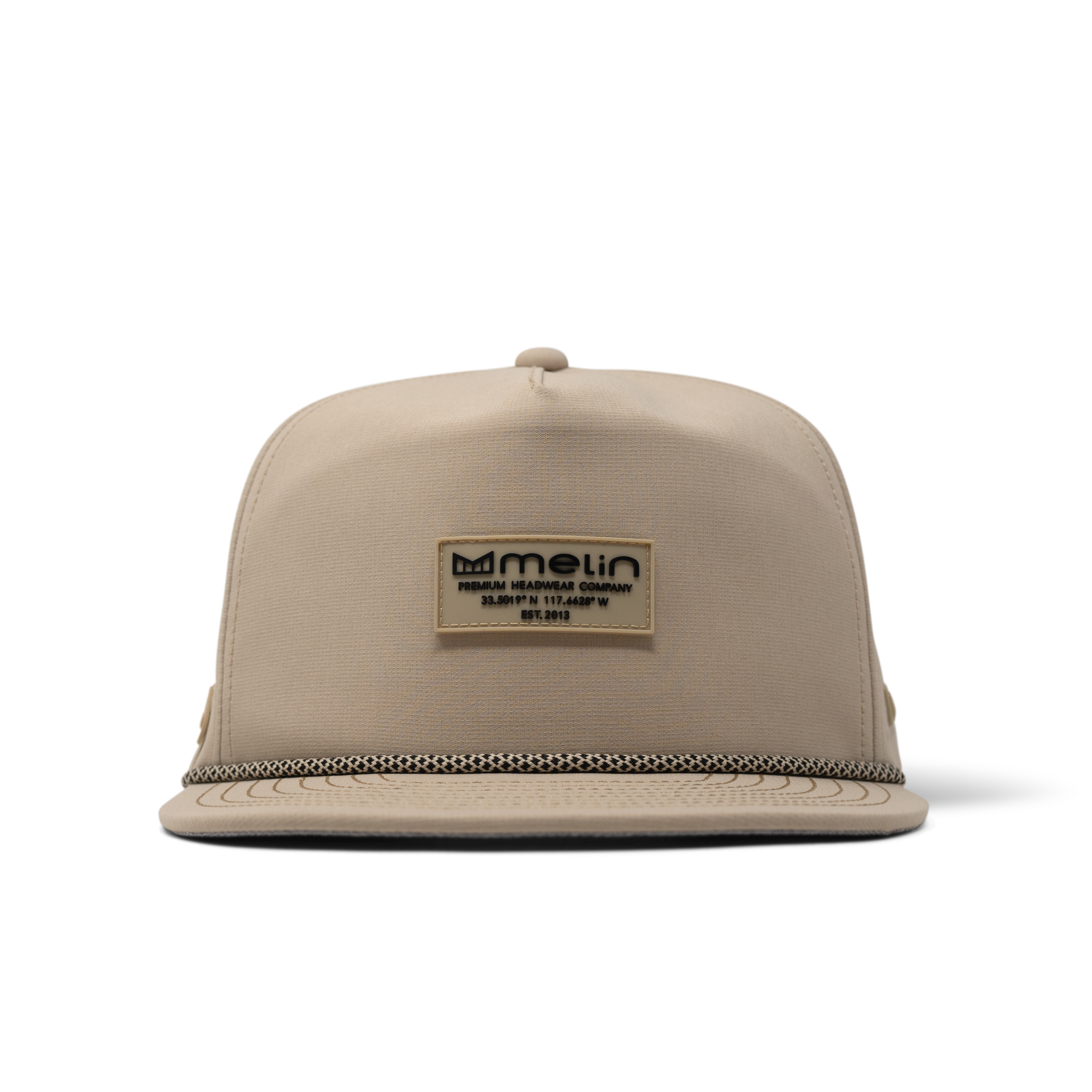 Close-up of Hydro Coronado Brick Black Hat showing Cream structured snapback with woven rope detail on bill and tan