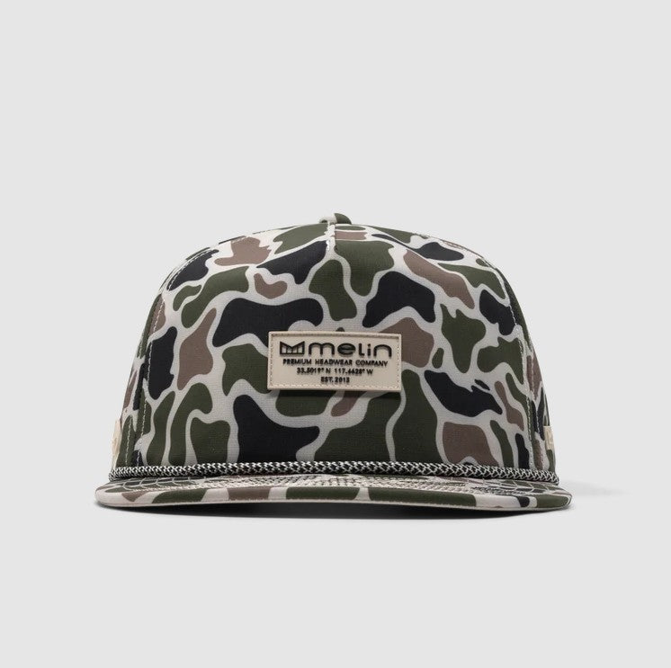 Close-up of Hydro Coronado Brick Black Hat showing Camouflage pattern in black, olive, and tan with cream rope trim along