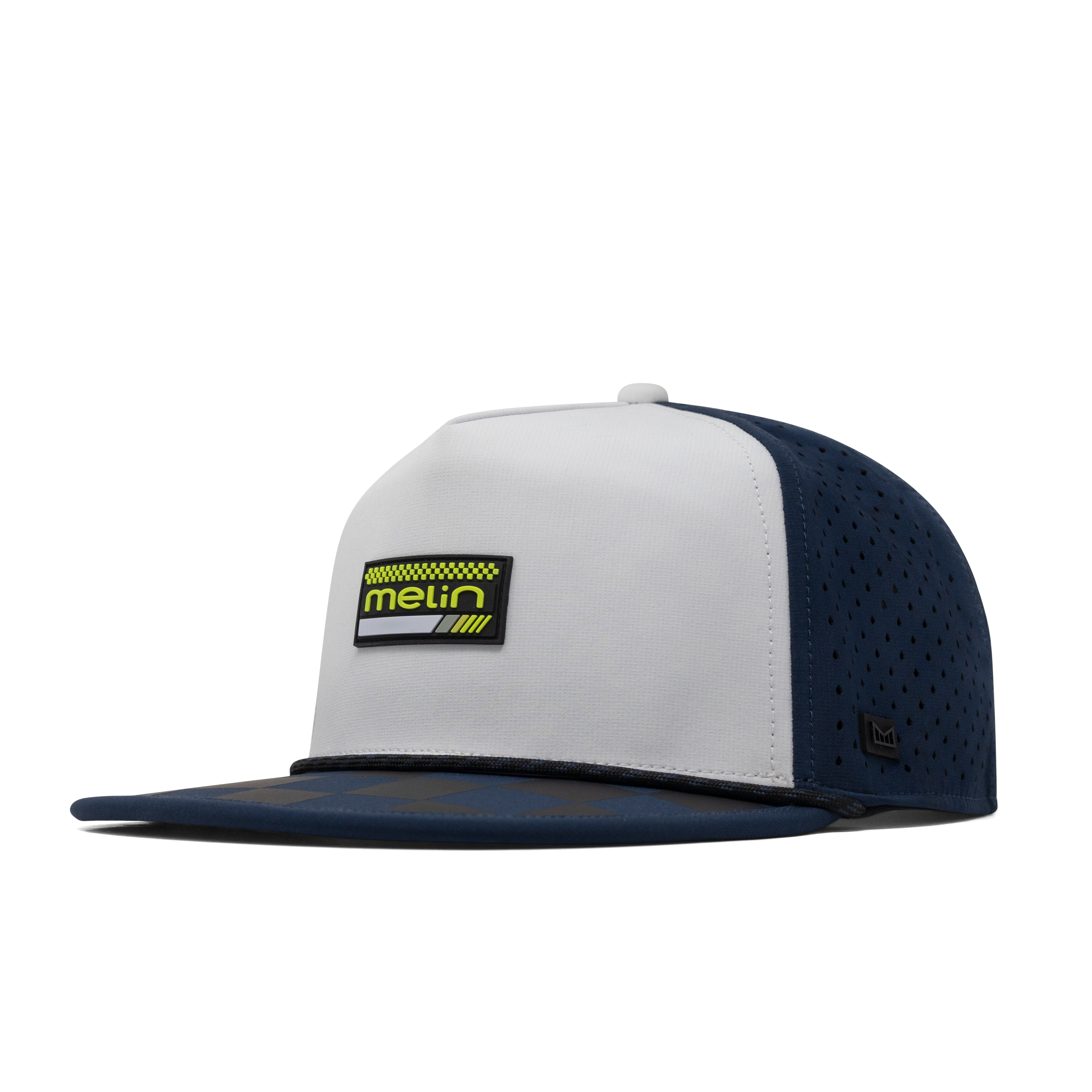 Back of Hydro Coronado MPH Black/iris/white Hat, Navy perforated mesh back panel with small tonal ventilation holes -