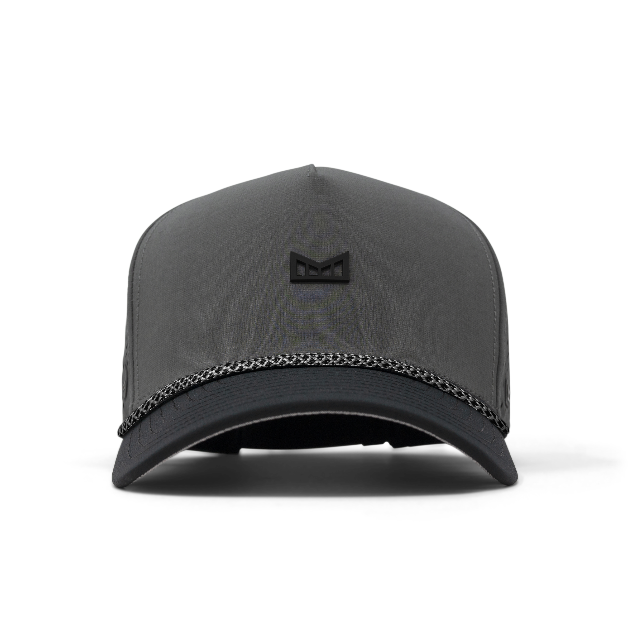 Close-up of Hydro Odyssey Rope Bulls Black Hat showing Black rope cap with gray crown, black bill, and small embroidered