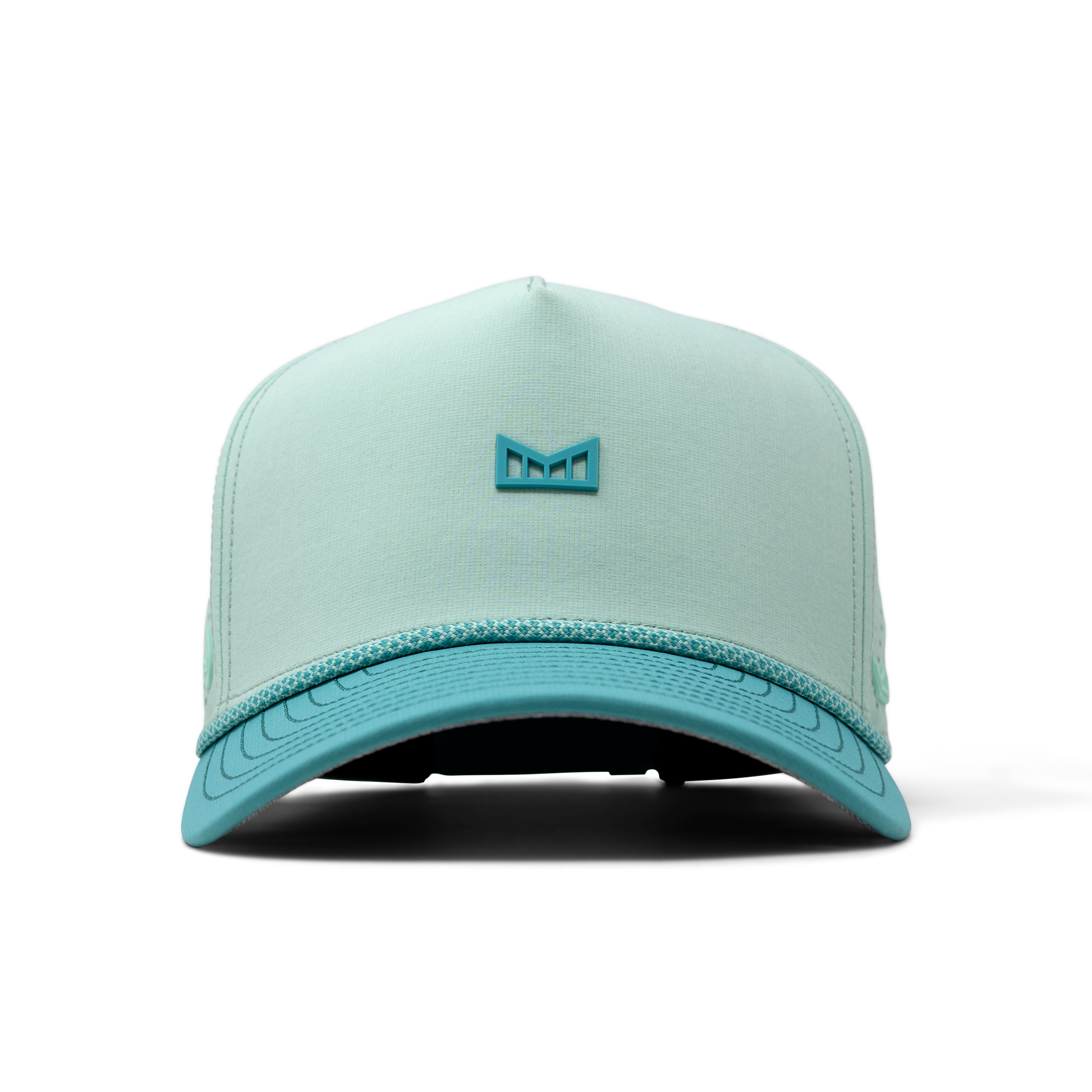 Close-up of Hydro Odyssey Rope Bulls Black Hat showing Light mint crown with teal visor and small teal geometric emblem