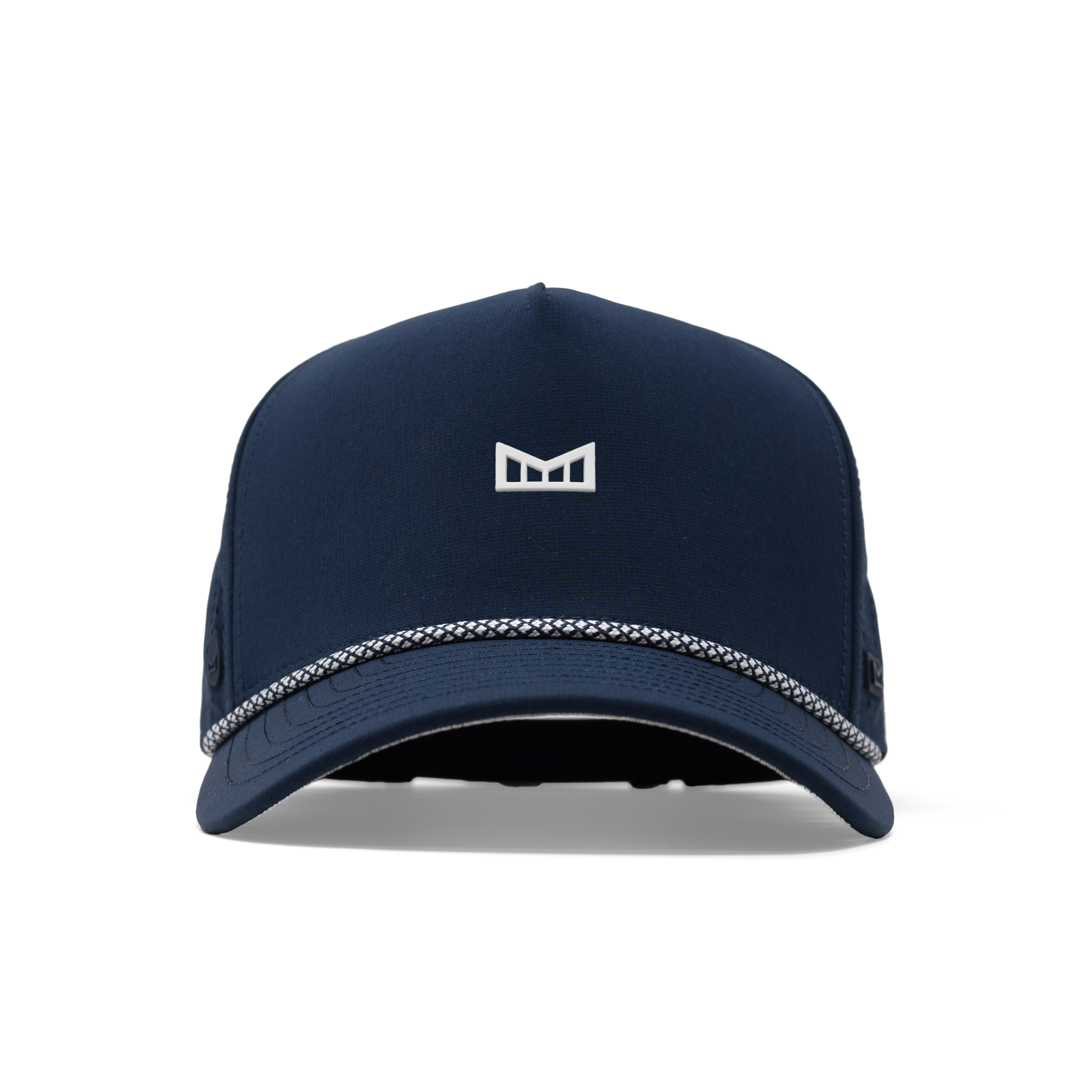 Close-up of Hydro Odyssey Rope Bulls Black Hat showing Navy cotton cap with white embroidered chevron logo, checkered rope