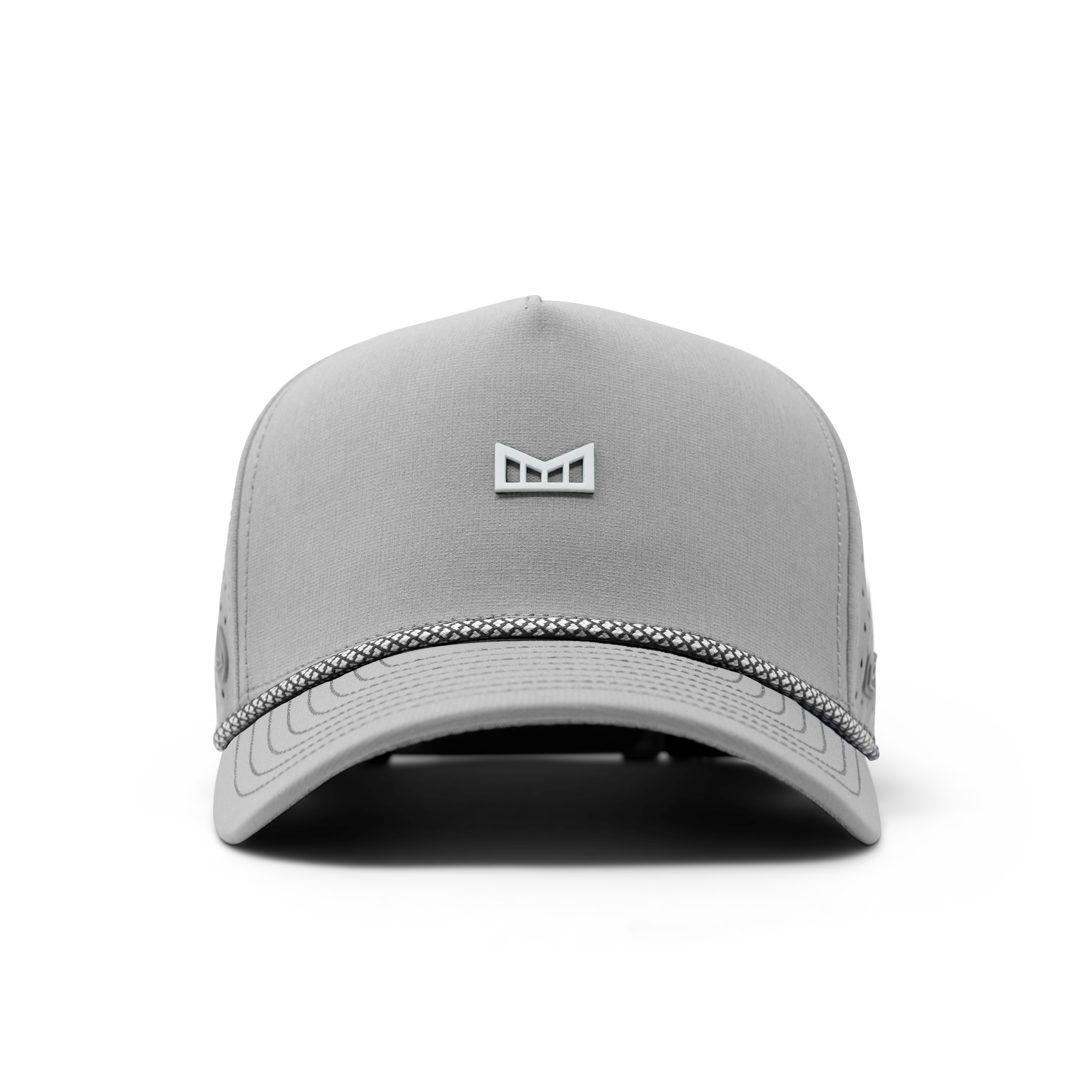 Close-up of Hydro Odyssey Rope Bulls Black Hat showing Light gray cap with small white geometric logo at crown, textured