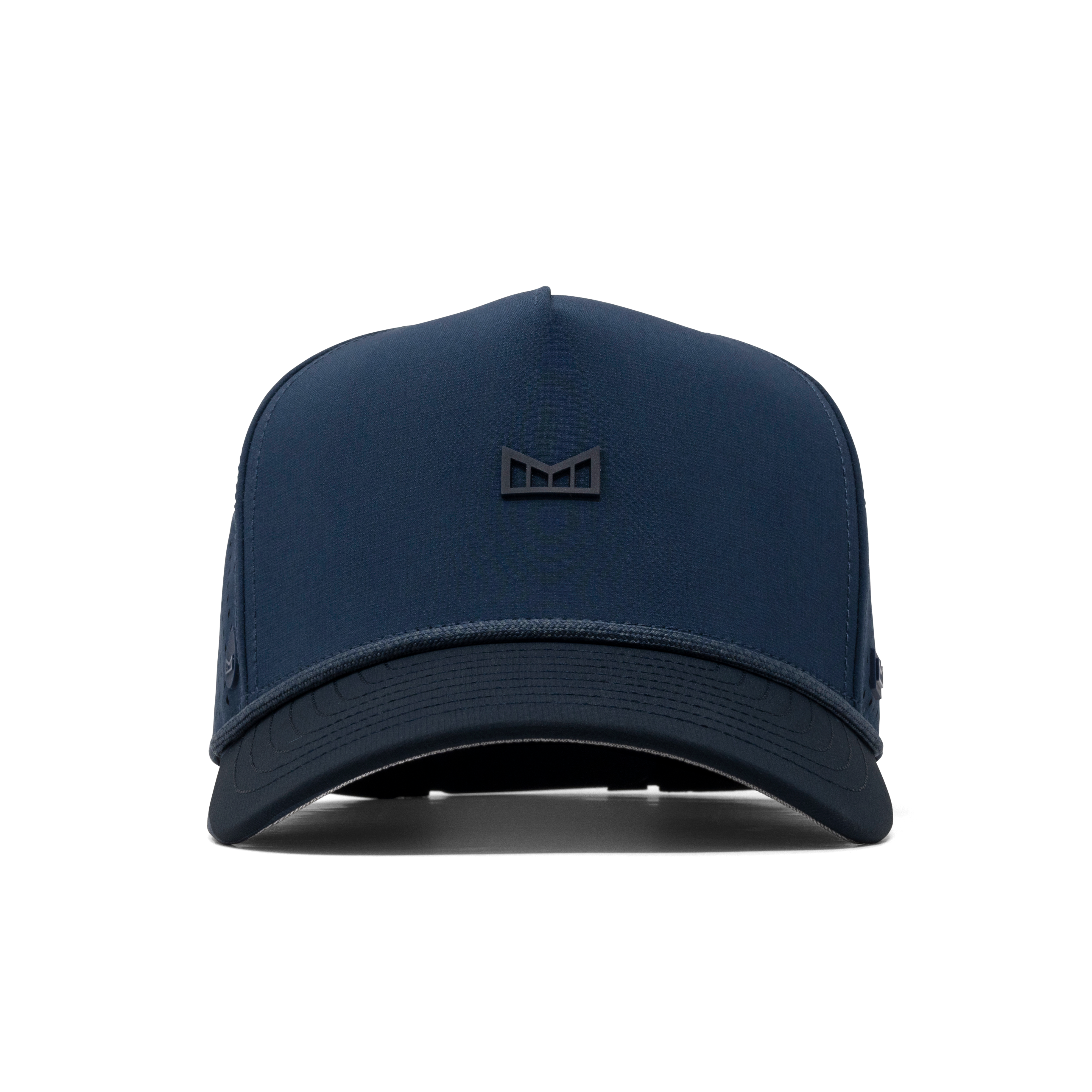 Close-up of Hydro Odyssey Rope Bulls Black Hat showing Navy mesh trucker cap with tonal geometric logo embroidered on front