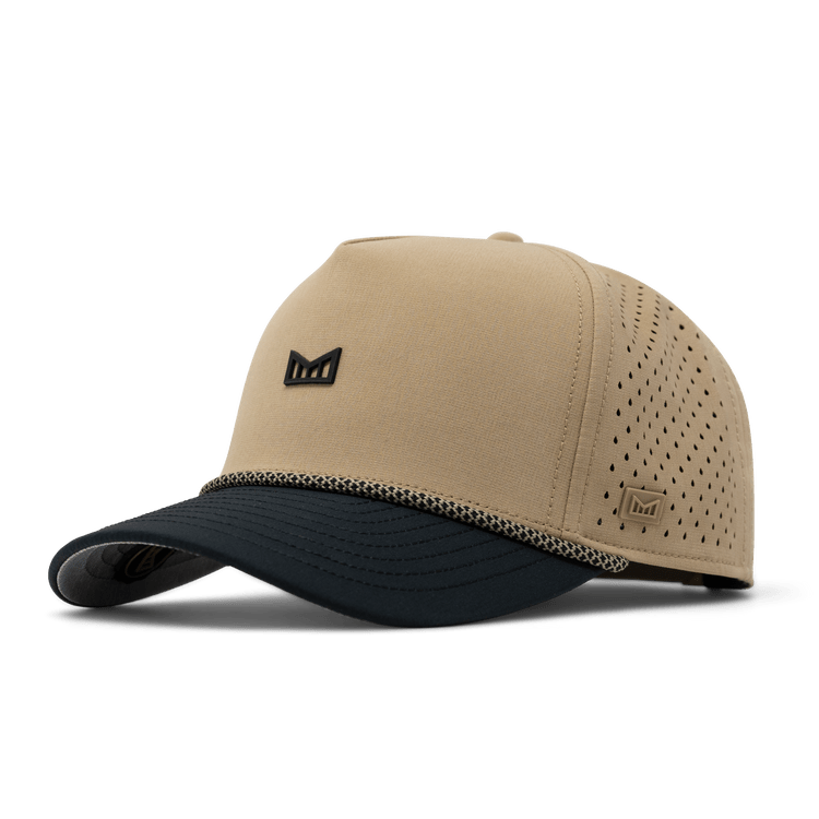 Close-up of Hydro Odyssey Rope Bulls Black Hat showing Tan crown with perforated ventilation panels and black embroidered