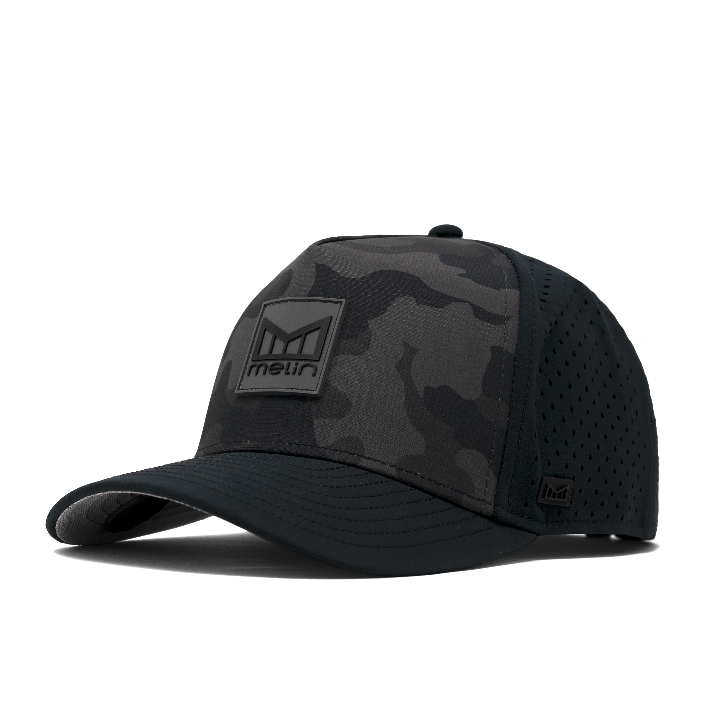 Close-up of Hydro Odyssey Stacked Black Camo Hat showing Black mesh side panel with perforated ventilation holes and dark