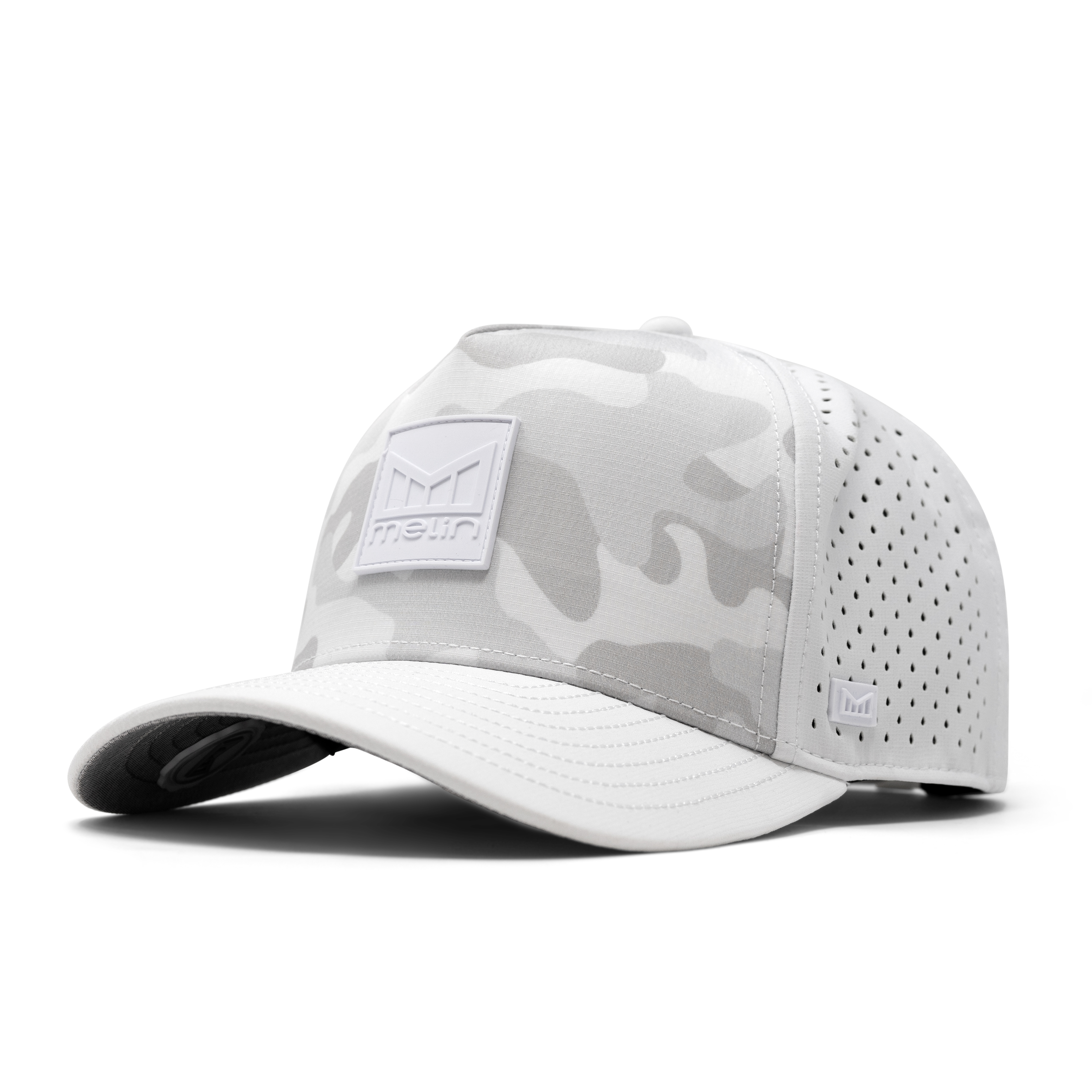 Close-up of Hydro Odyssey Stacked Black Camo Hat showing White camouflage pattern with embroidered logo patch and perforated