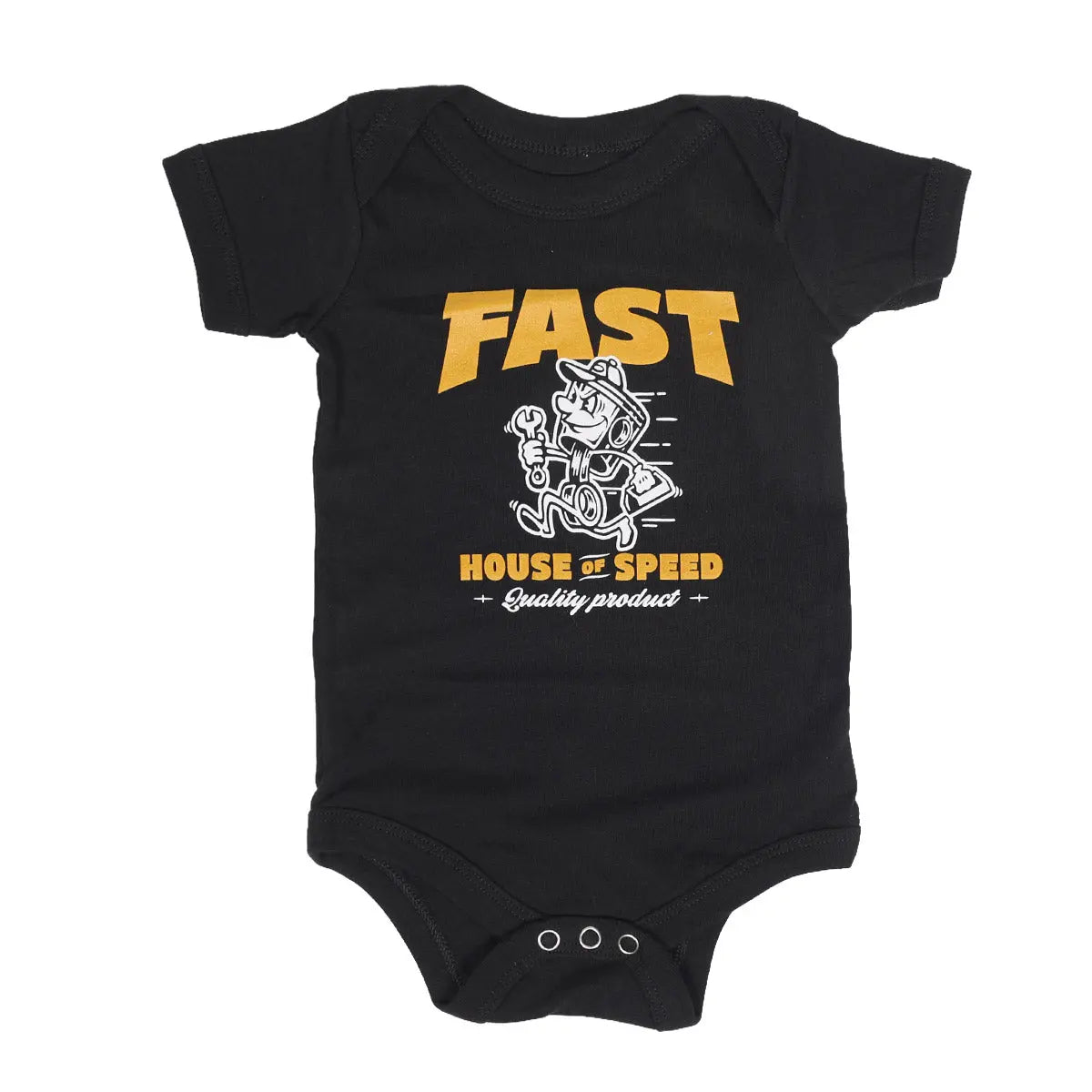 Infant Runner Onesie front view, Black with gold "FAST" text, white engine graphic, and "HOUSE OF SPEED Quality product"