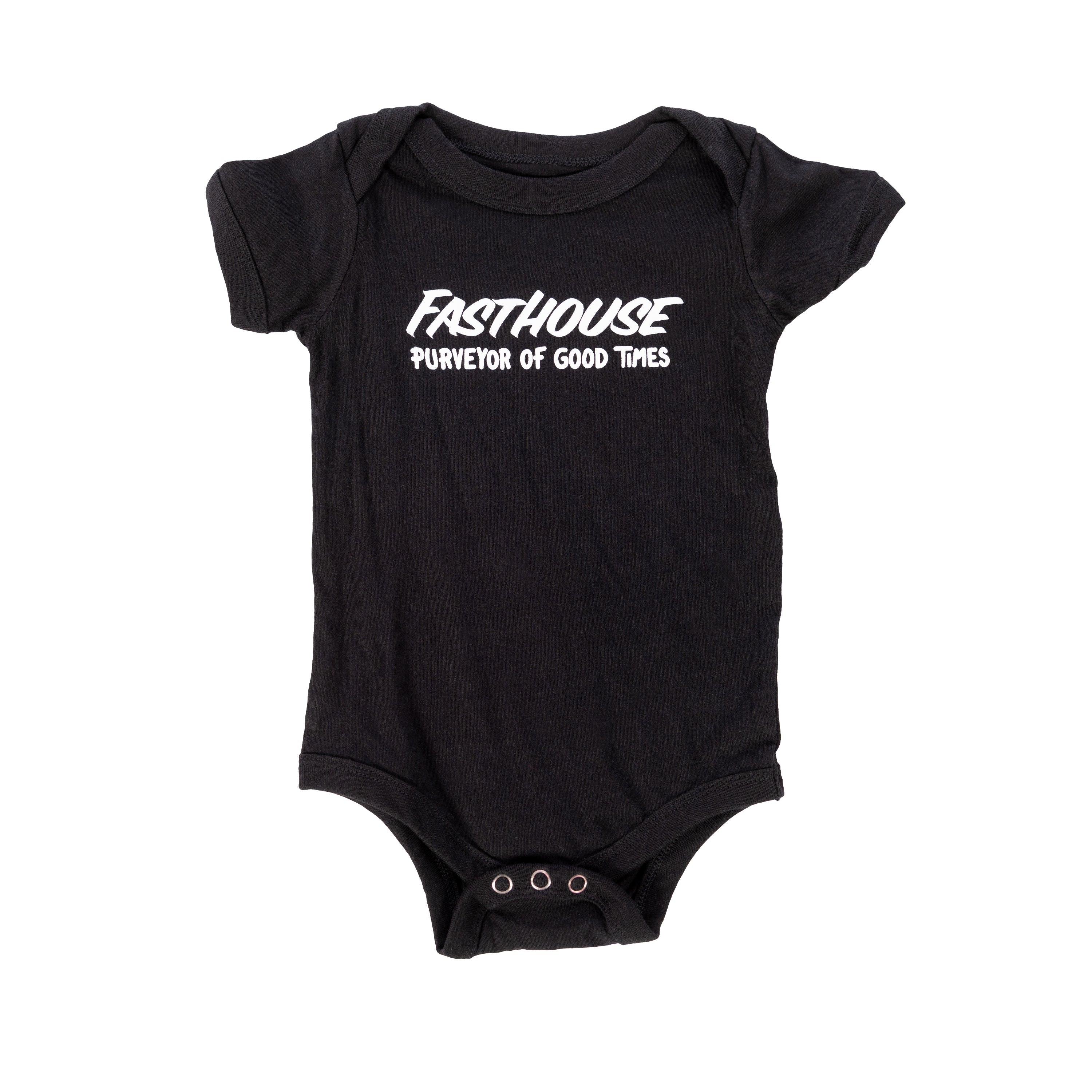 Infant Sprout Onesie front view, Black with white italic "Fasthouse" text and "Purveyor of Good Times" subtitle, Black