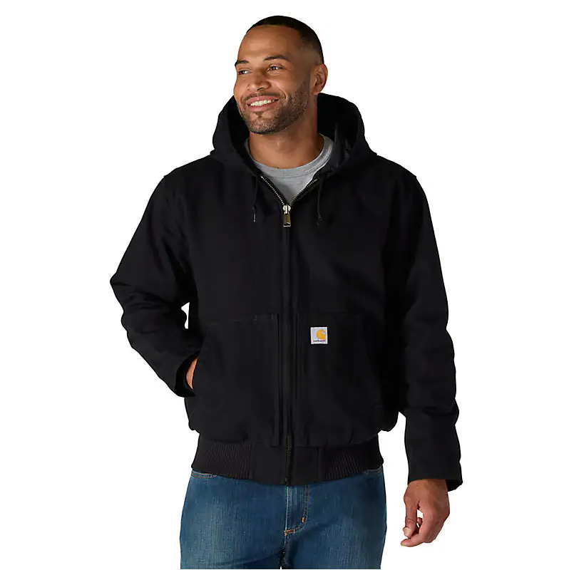 Person wearing J130 Washed Duck Insulated Active Moss Jacket, Man wearing black jacket against neutral white background