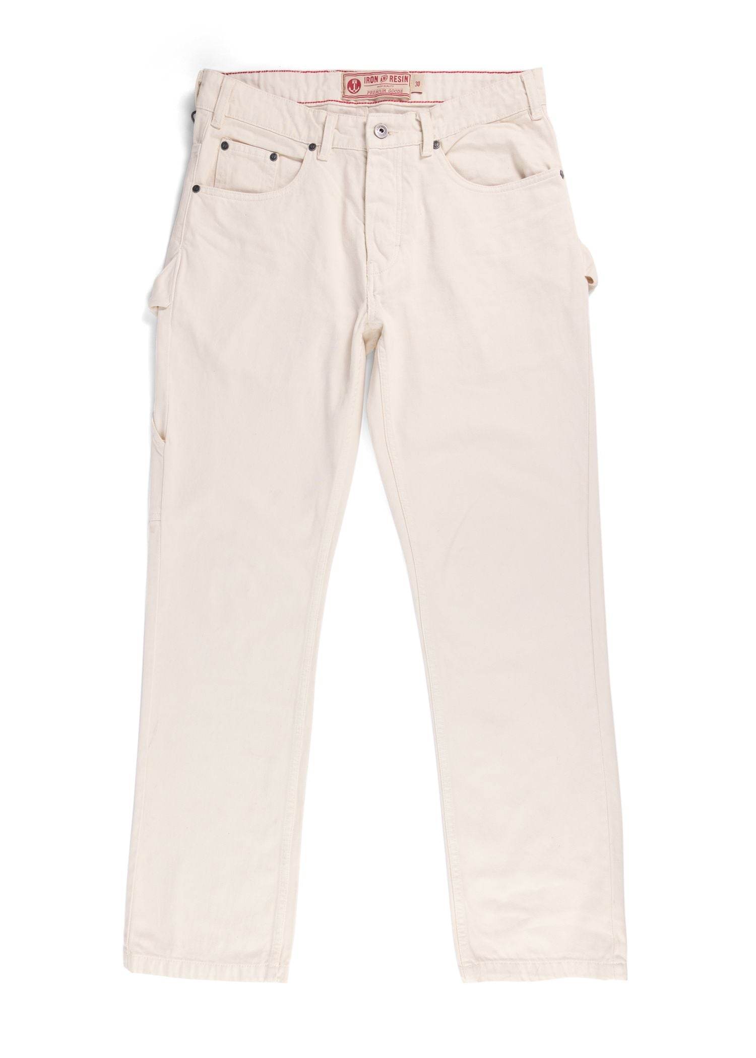 Jasper Denim Pant Pants front view, Cream five-pocket denim with dark rivet details and side cargo pockets, White Pants -
