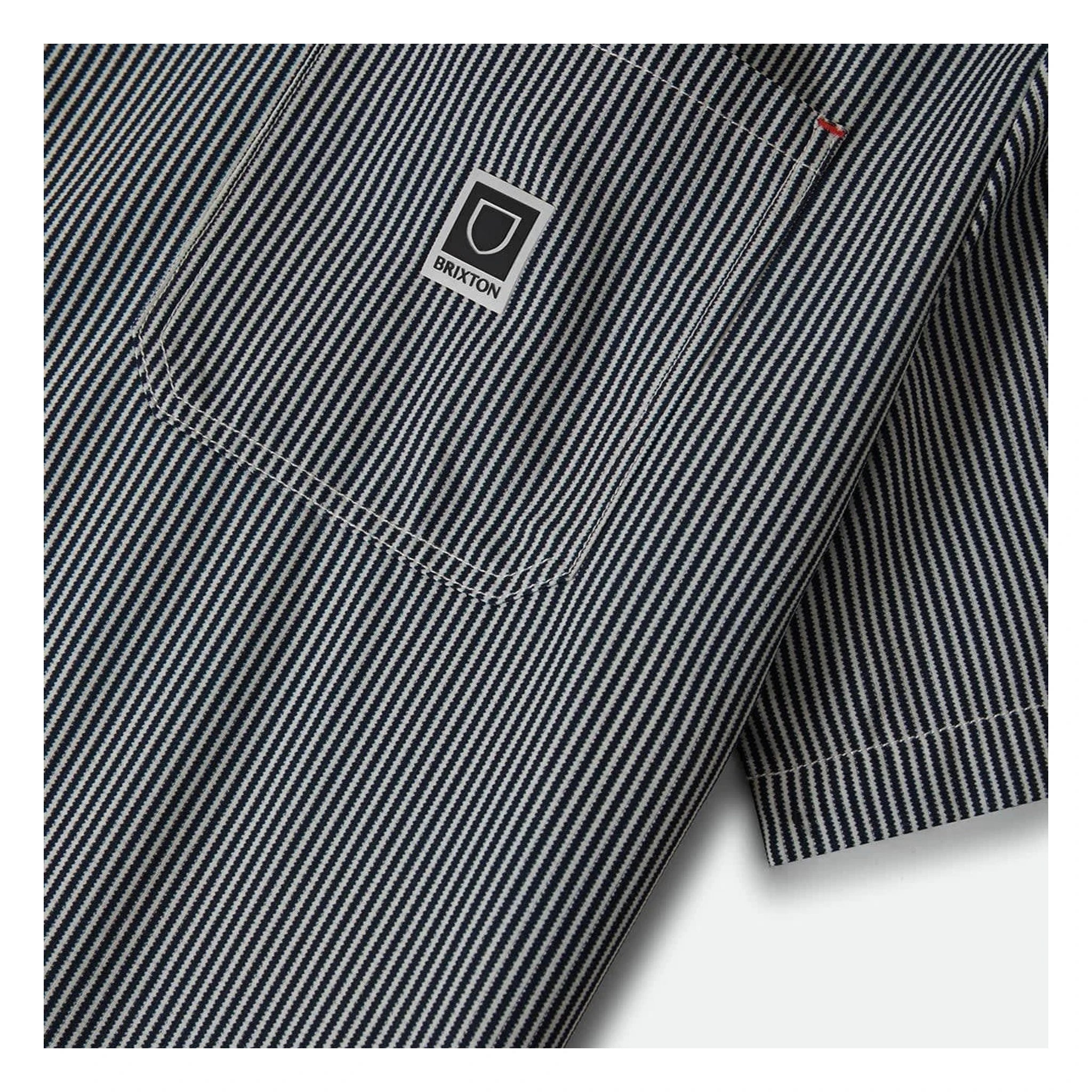 Close-up of Journey LW SS Woven Navy/white Stripe S/S Woven S/S Woven showing Navy and white diagonal striped woven fabric